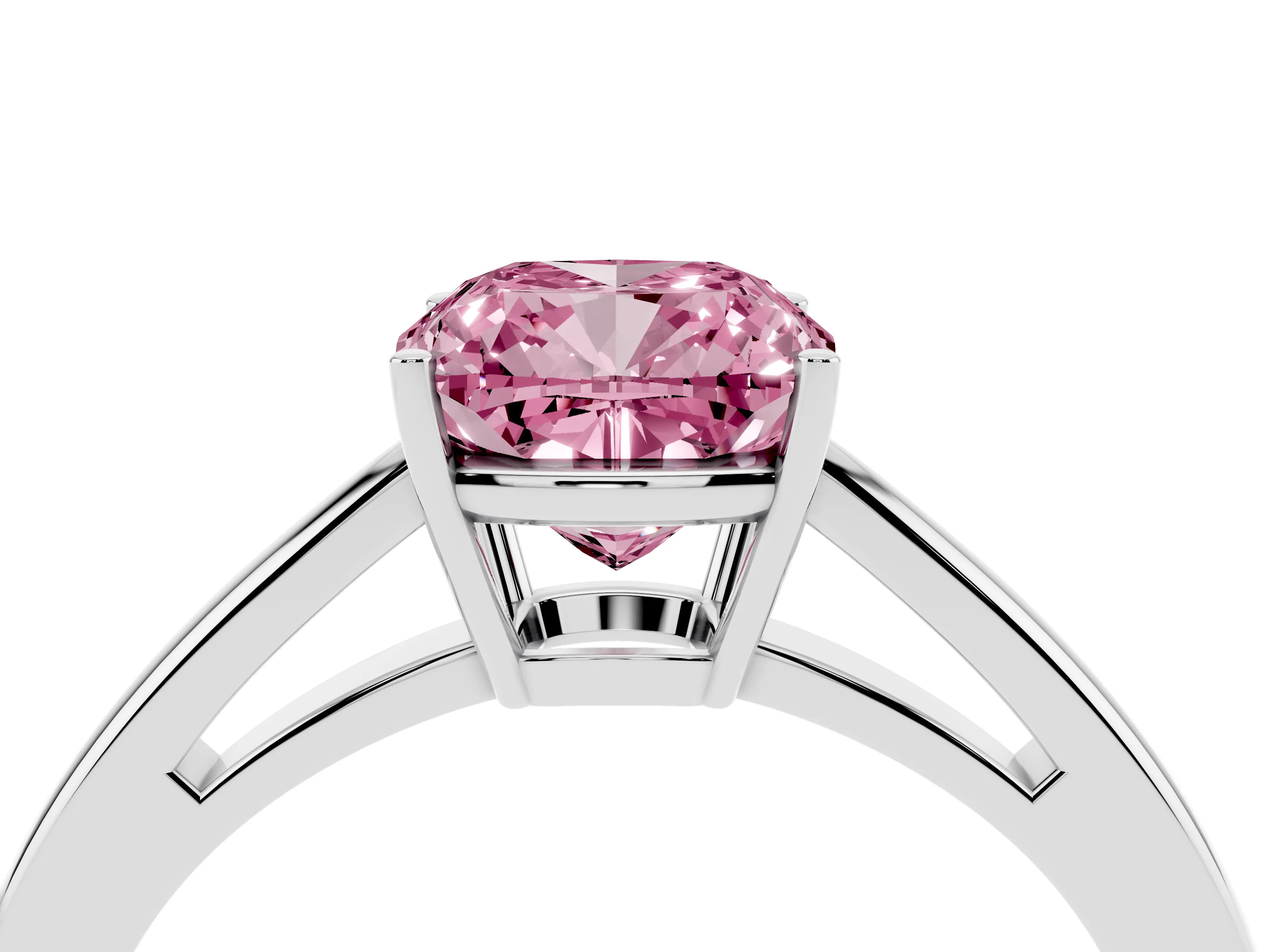 Fancy Pink Cushion Cut Diamond Solitaire Ring Set in Silver with Split Shank and Prong Setting