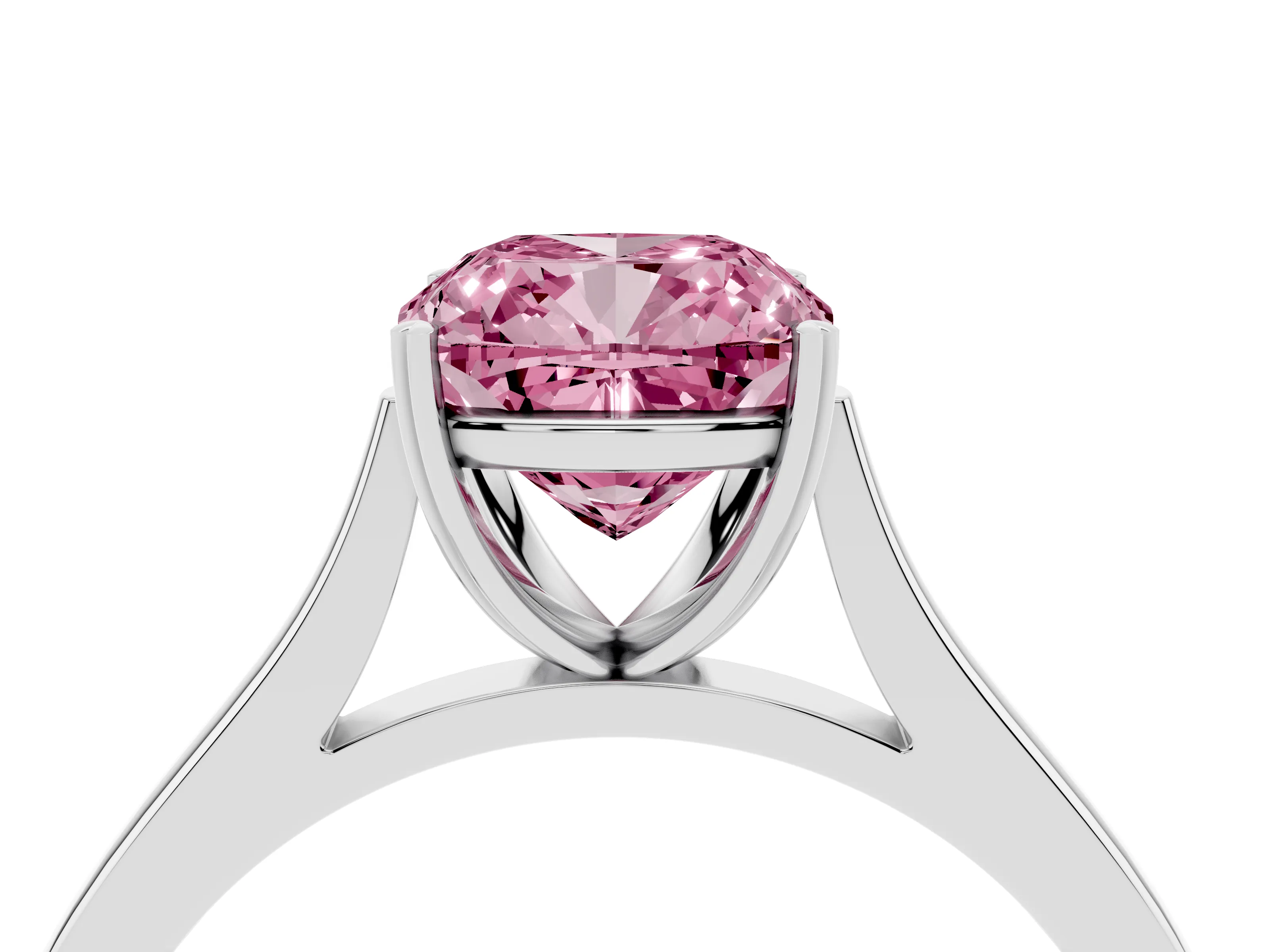 Fancy Pink Cushion Cut Diamond Solitaire Heart Prong Engagement Ring Set in Silver with Tapered Band