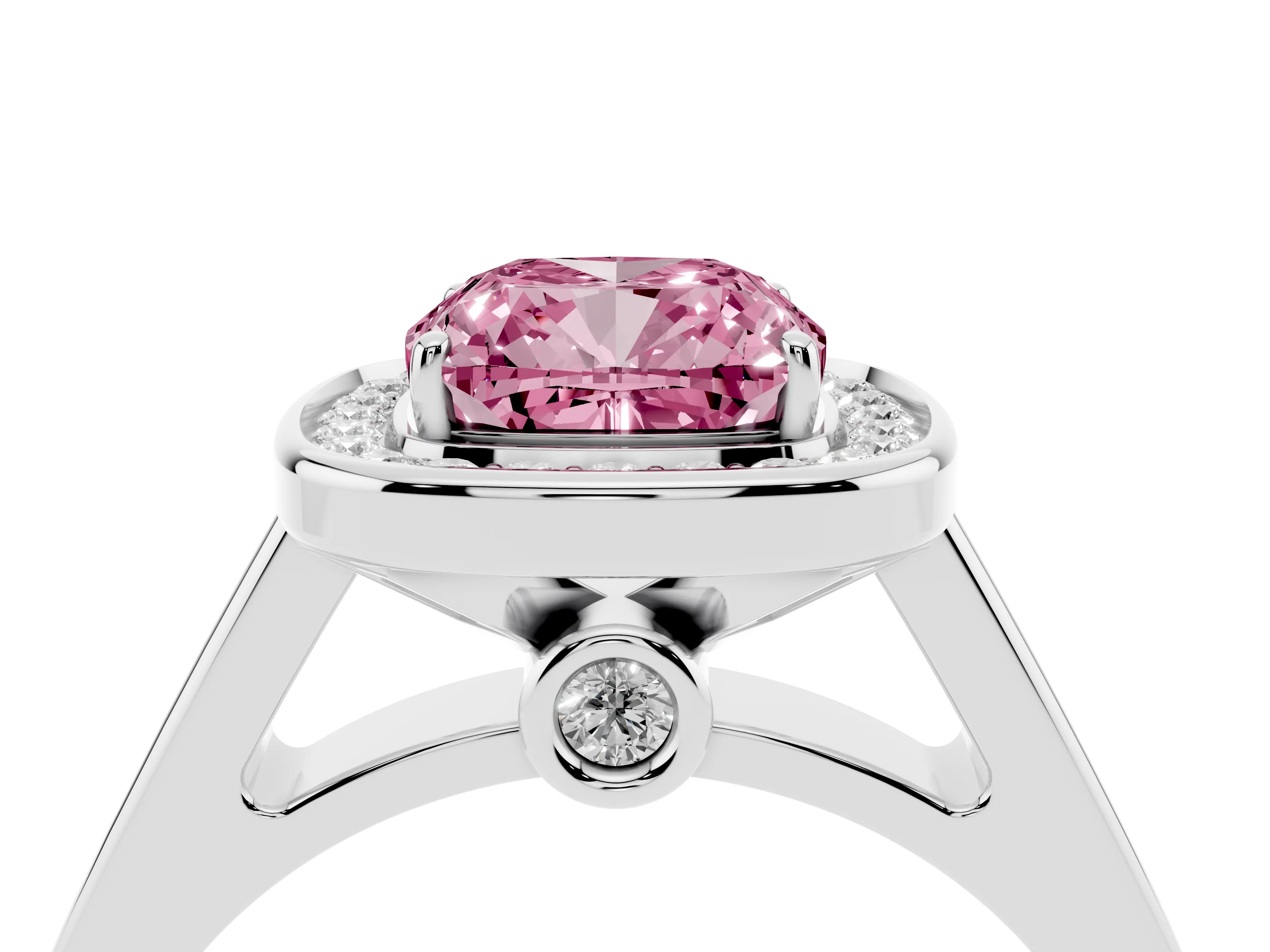 Fancy Pink Cushion Cut Diamond Halo Solitaire Ring Set in Platinum with Pavé Band and Bezel Setting