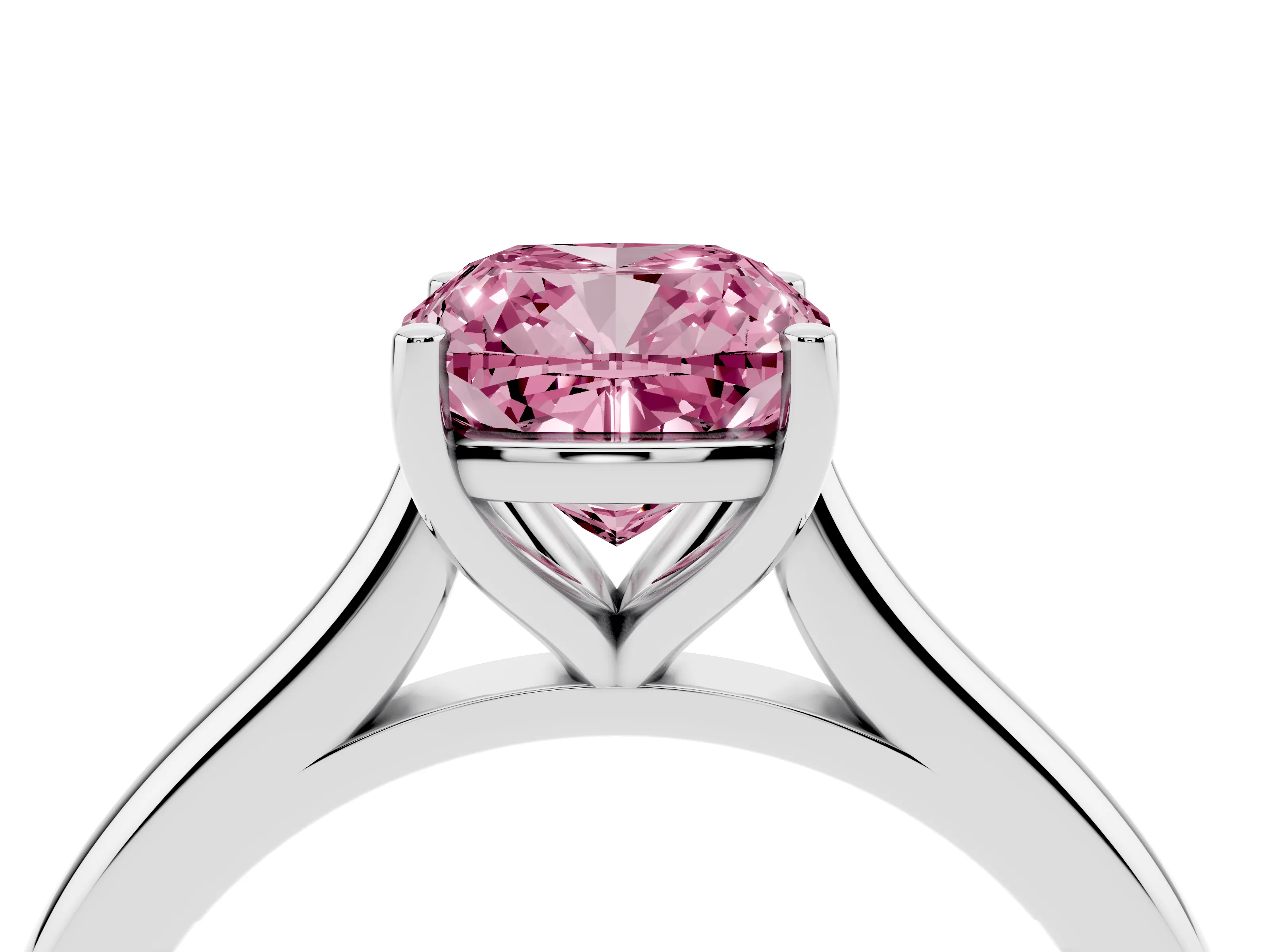 Fancy Pink Cushion Cut Diamond Solitaire Ring Set in Silver with Cathedral Band and Prong Setting