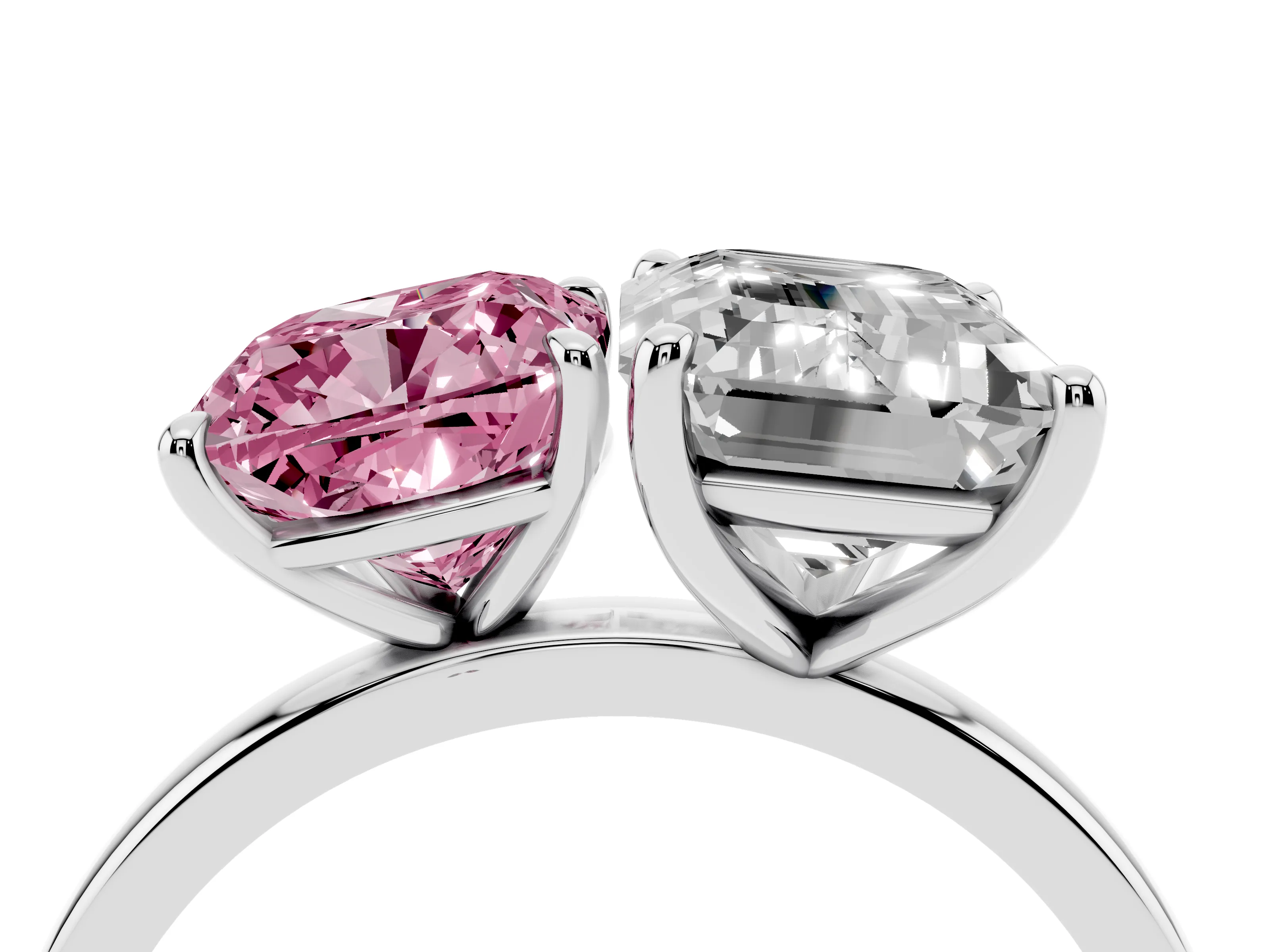 Fancy Pink Cushion Cut and Emerald Cut Toi Moi Ring Set in Platinum with Prong Setting