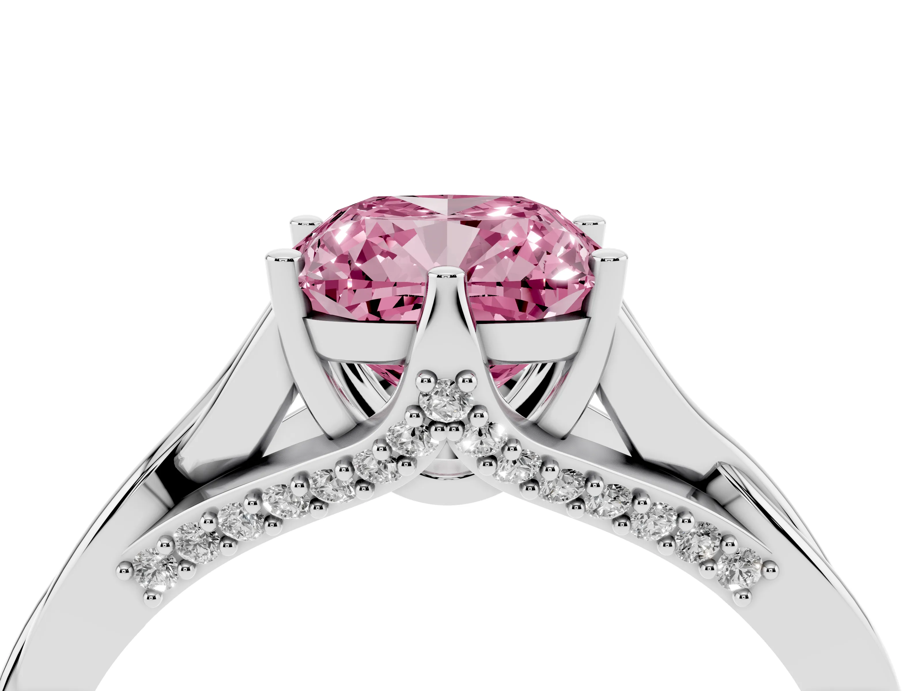 Fancy Pink Cushion Cut Diamond Intertwined Twist Band Solitaire Ring Set in White gold with Prong Setting