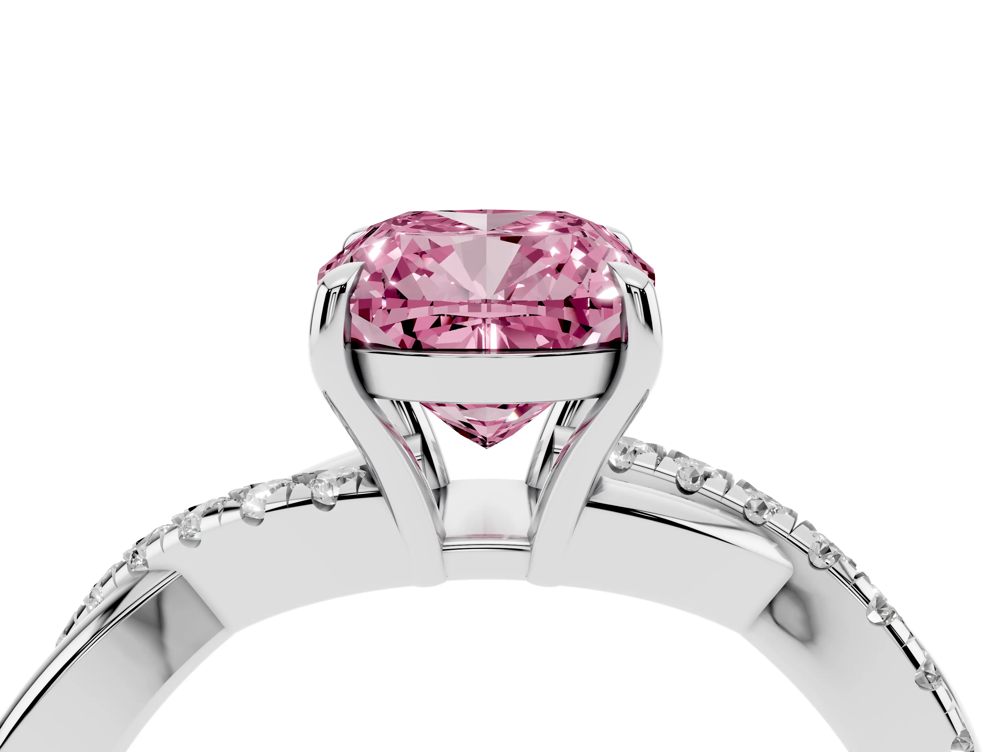 Fancy Pink Cushion Cut Diamond Twisted Pavé Band Ring Set in Platinum with Prong Setting