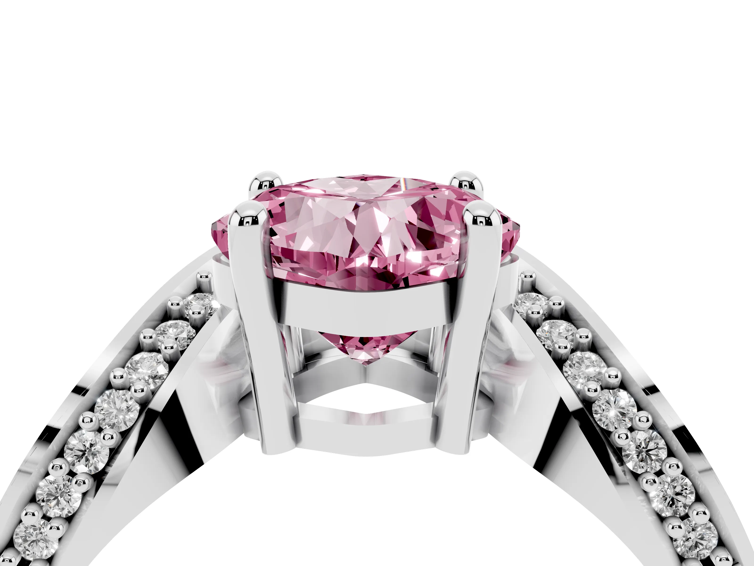 Fancy Pink Cushion Cut Diamond Solitaire Engagement Ring Set in White gold with Pavé Shoulders