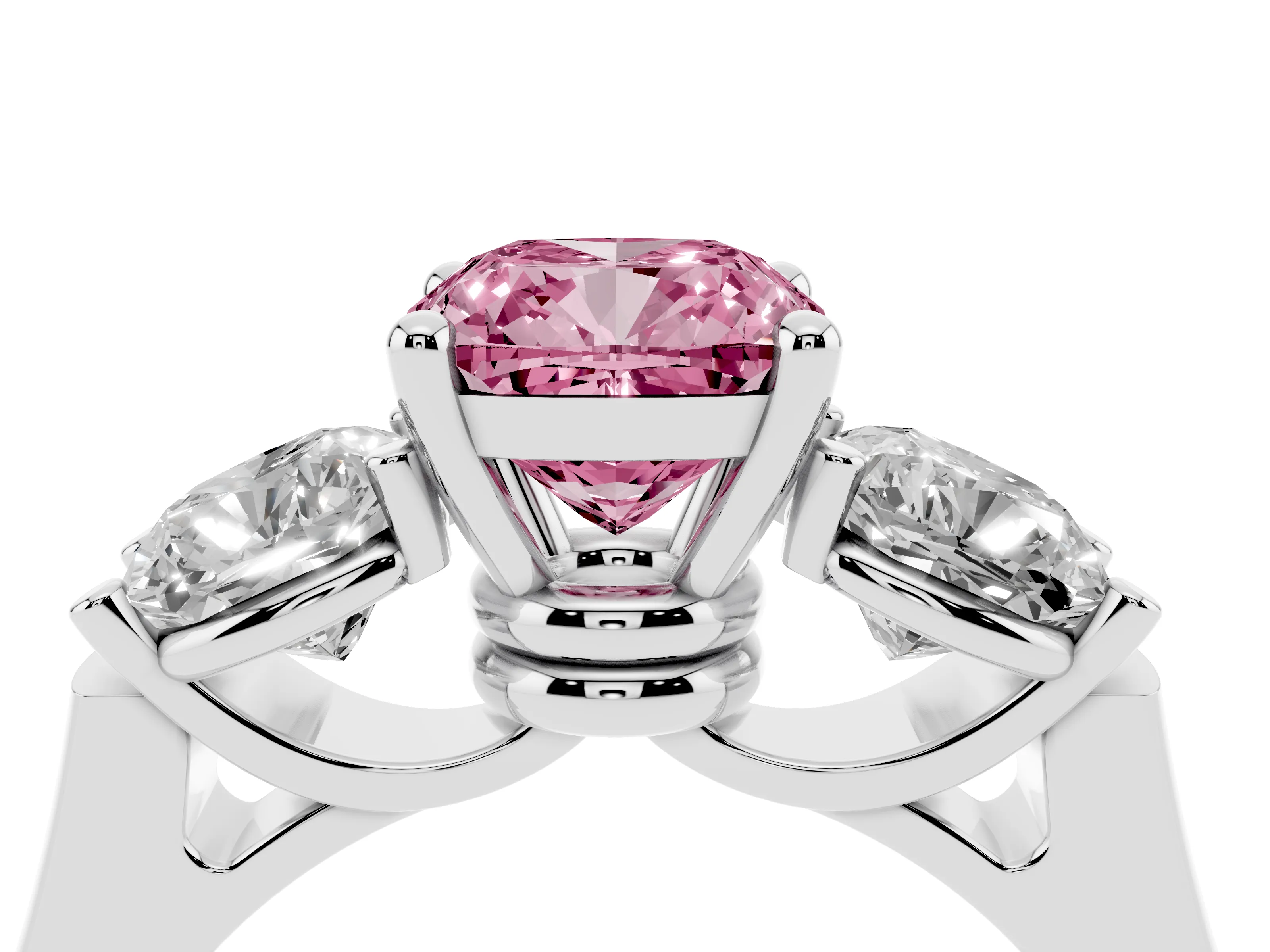 Fancy Pink Cushion Cut Diamond Three-Stone Trellis Ring Set in Platinum with Comfort Fit Band