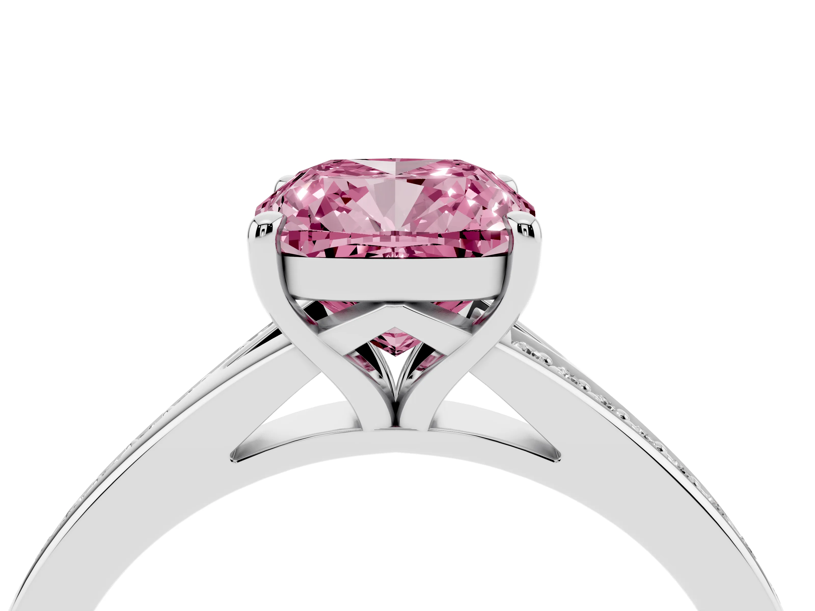 Fancy Pink Cushion Cut Diamond Solitaire Ring Set in Platinum with Pavé Accent Band and Classic Prong Setting