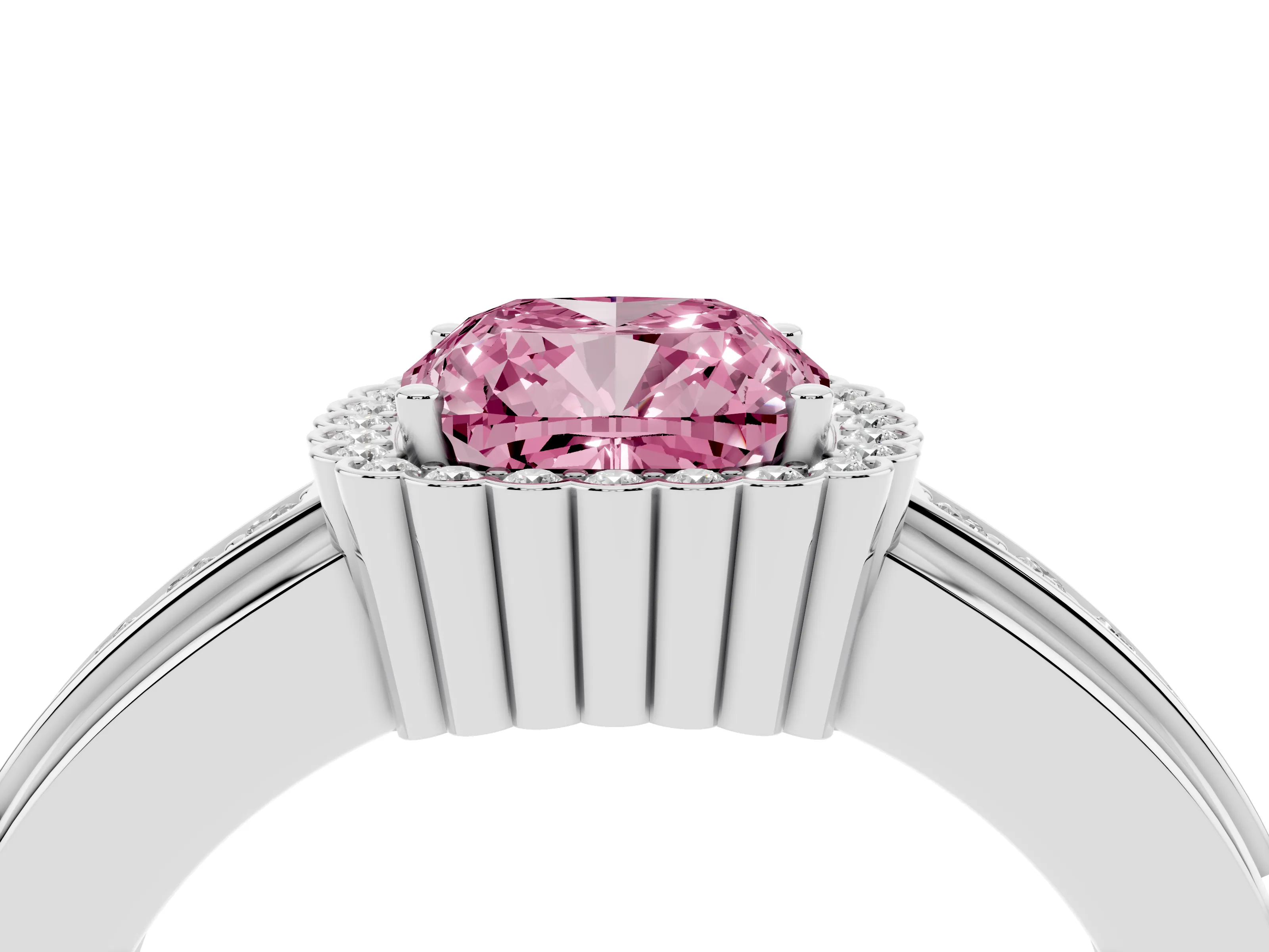 Fancy Pink Cushion Cut Diamond Halo Prong Ring Set in Platinum with Pavé Band