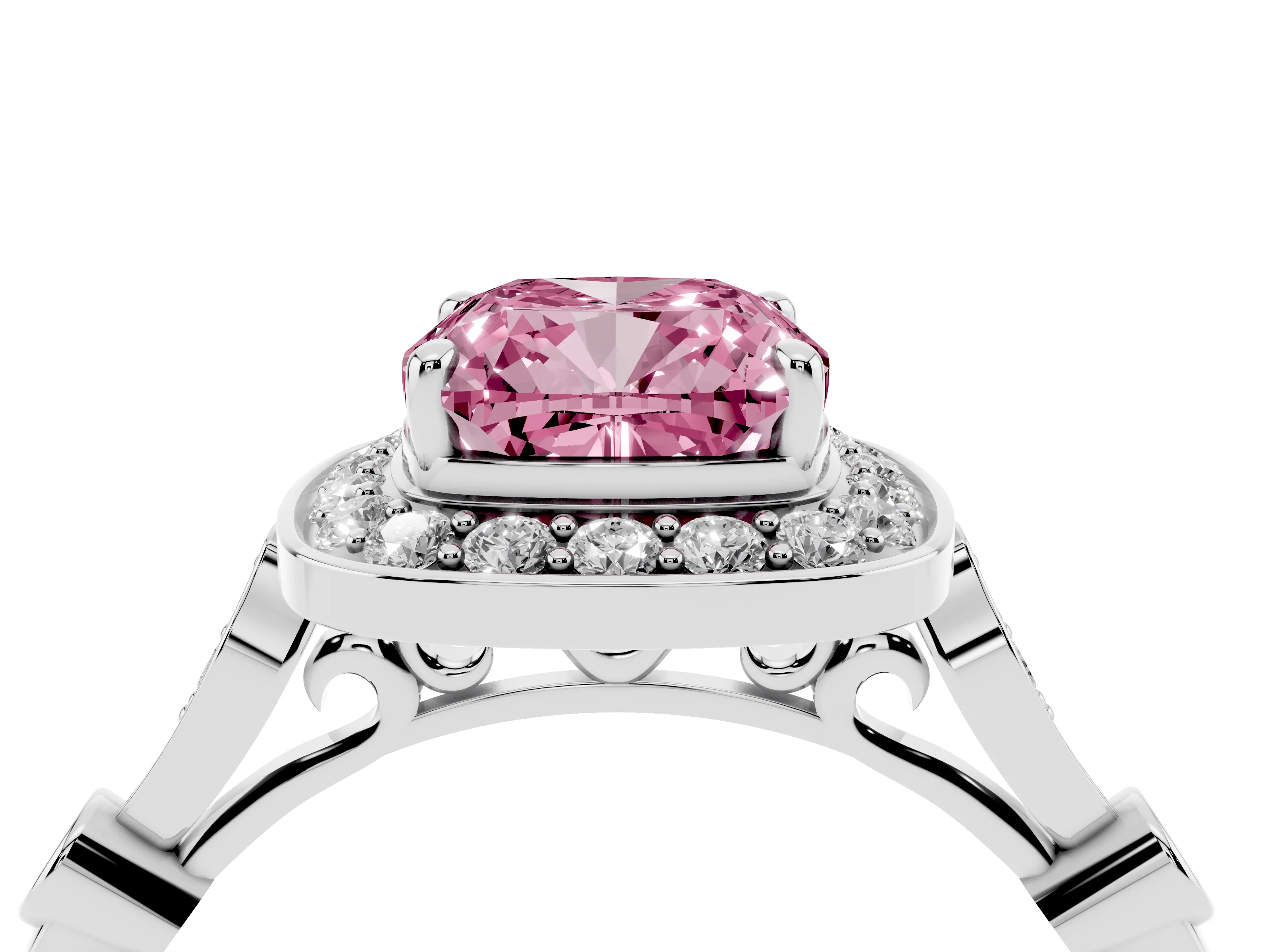Fancy Pink Cushion Cut Diamond Halo Engagement Ring Set in Silver with Twisted Band and Prong Setting