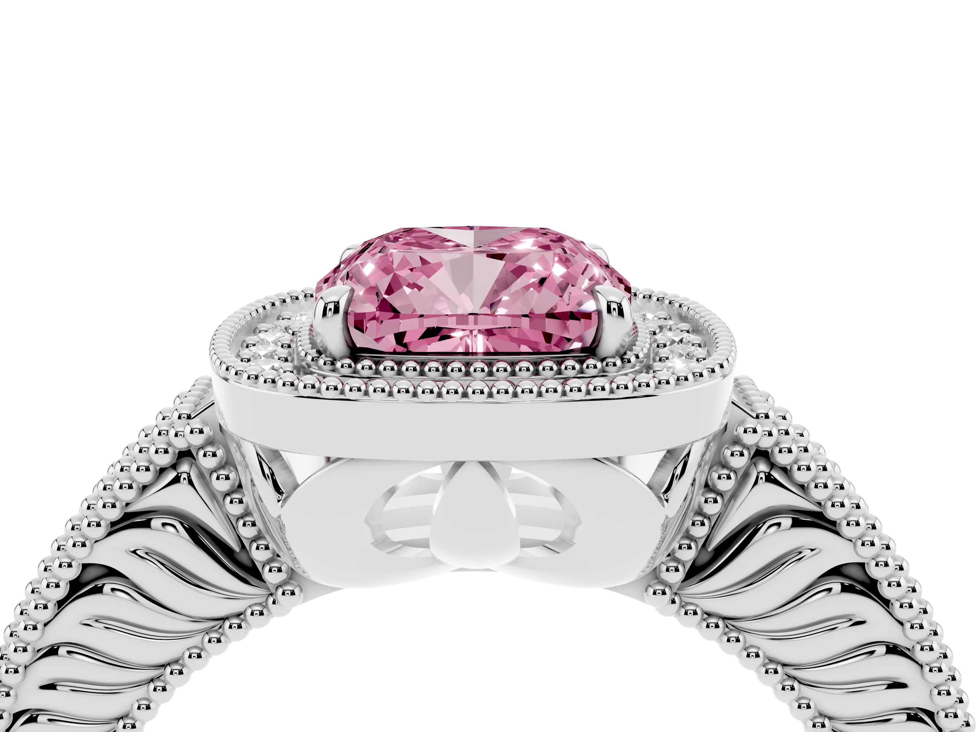 Fancy Pink Cushion Cut Diamond Halo Ring Set in Platinum with Round Accent Halo, Pavé Band and Prong Setting