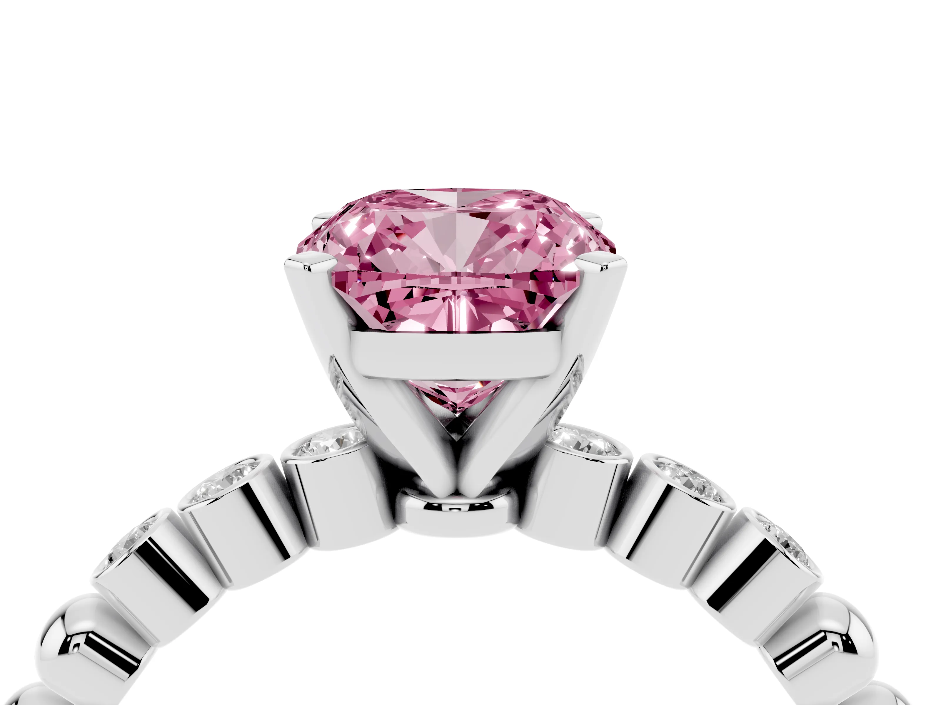 Fancy Pink Cushion Cut Diamond Solitaire Engagement Ring Set in White gold with Bezel Accents on Beaded Band