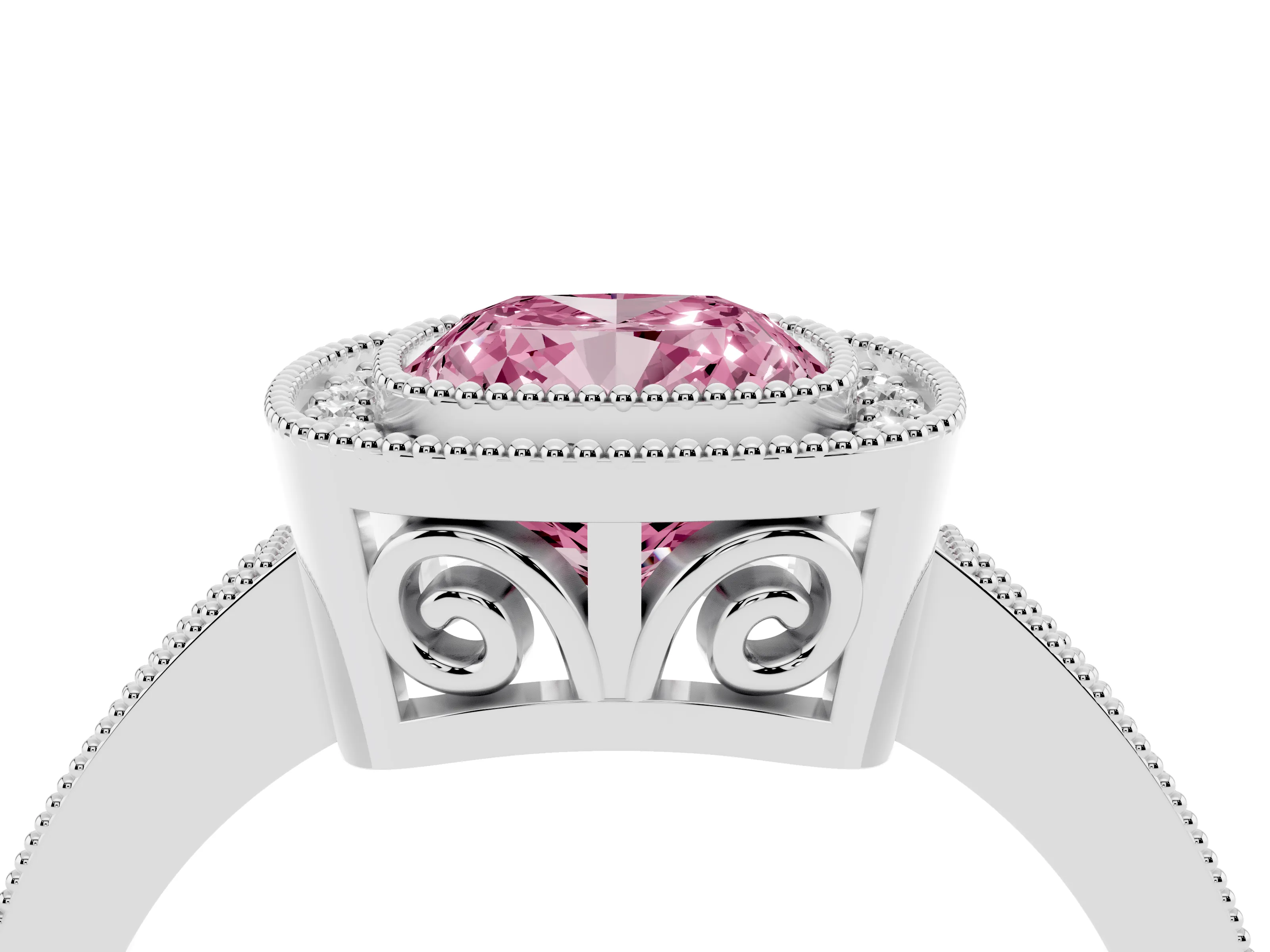 Fancy Pink Cushion Cut Diamond Round Halo Ring Set in White gold with Pavé Band