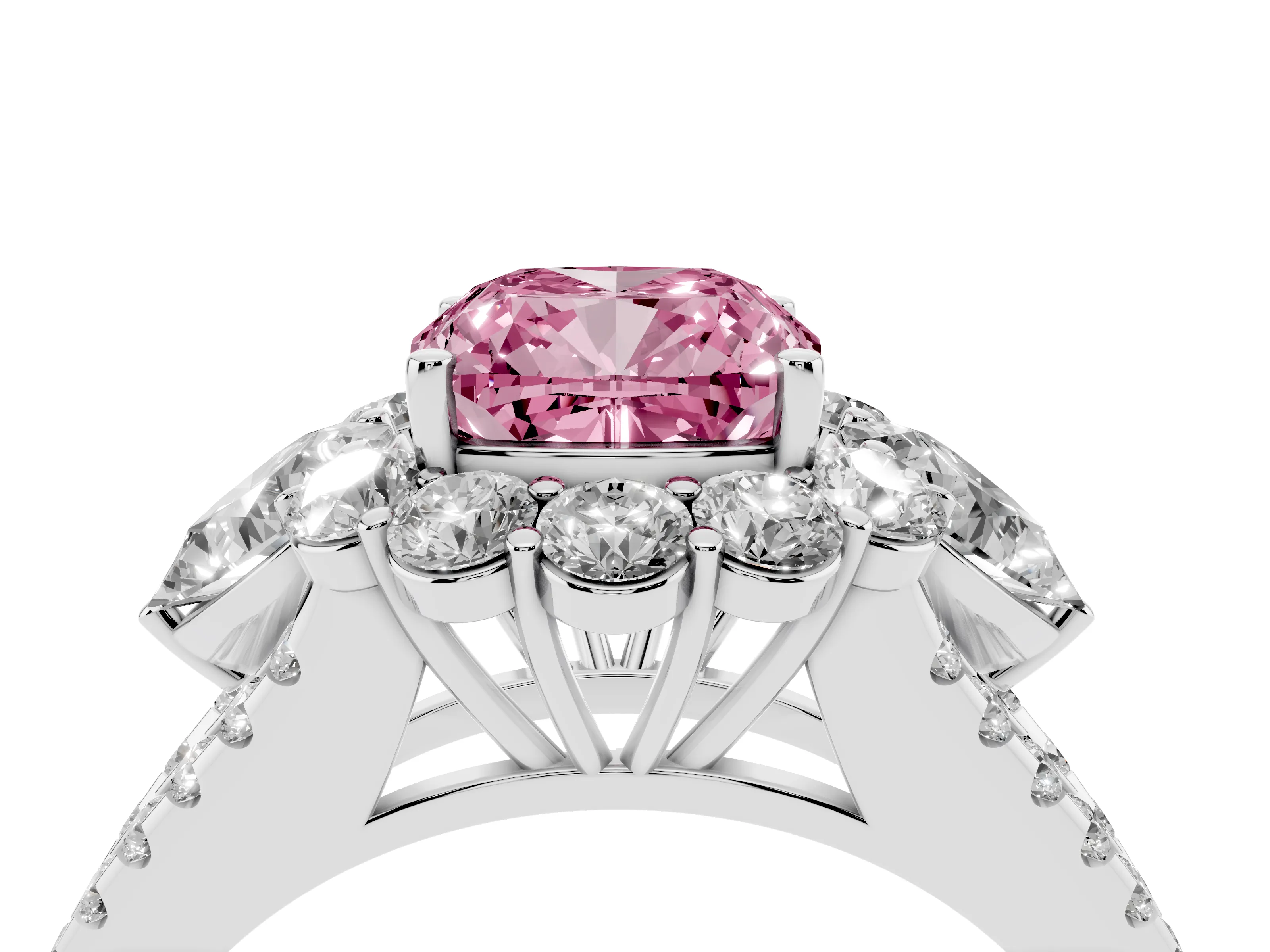 Fancy Pink Cushion Cut Diamond Halo Split Shank Engagement Ring Set in Platinum with Prong-Held Center Stone