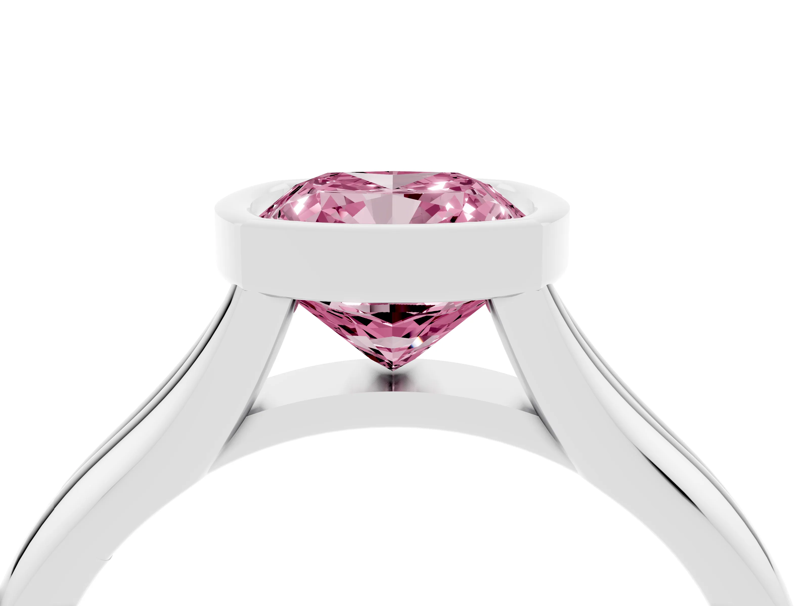 Fancy Pink Bezel Set Cushion Cut Diamond Solitaire Ring Set in Silver with Smooth Band