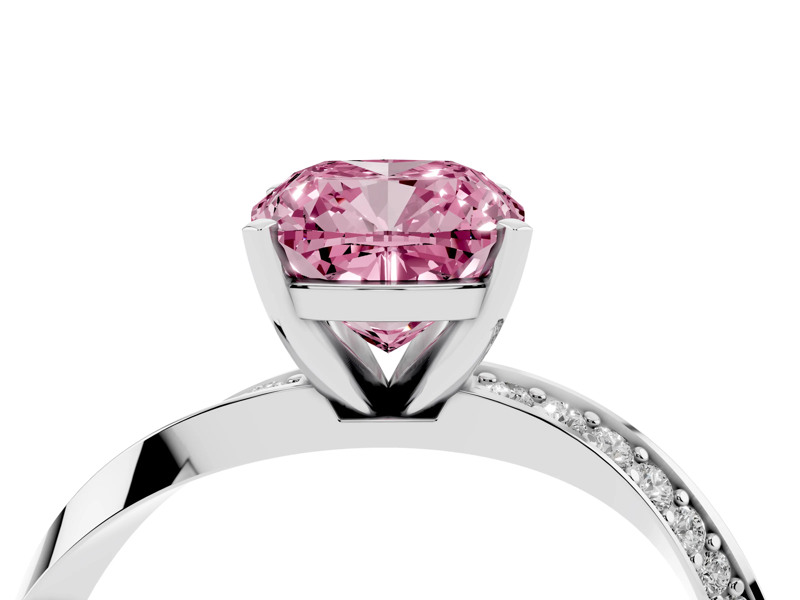 Fancy Pink Cushion Cut Diamond Engagement Ring Set in Platinum with Side Stone Accents and Prong Setting