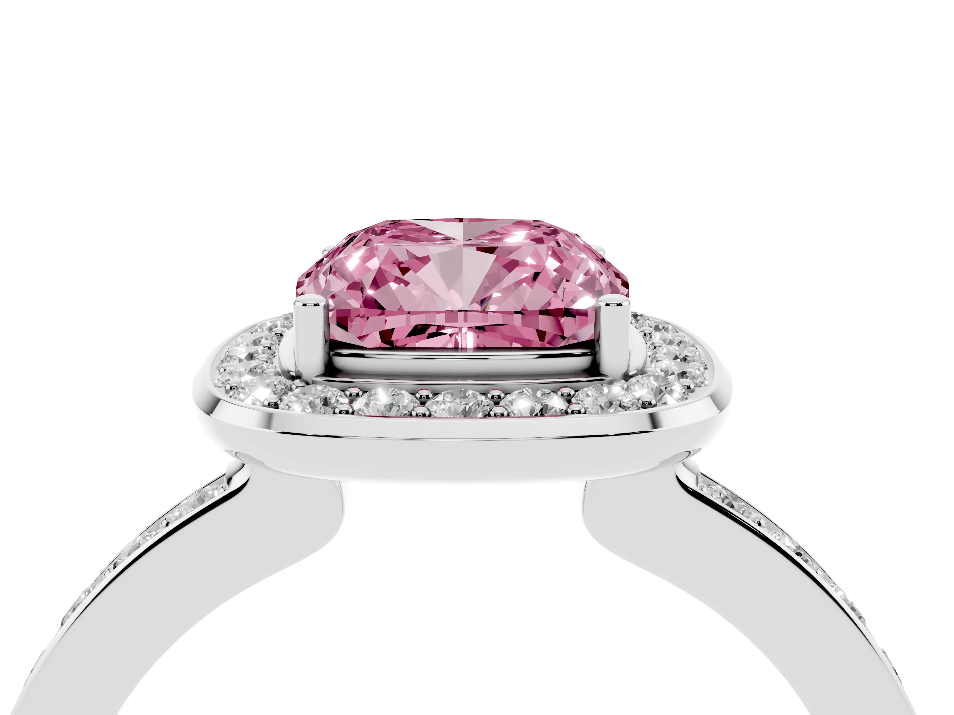 Fancy Pink Cushion Cut Diamond Halo Ring Set in White gold with Bezel Frame and Pavé Band