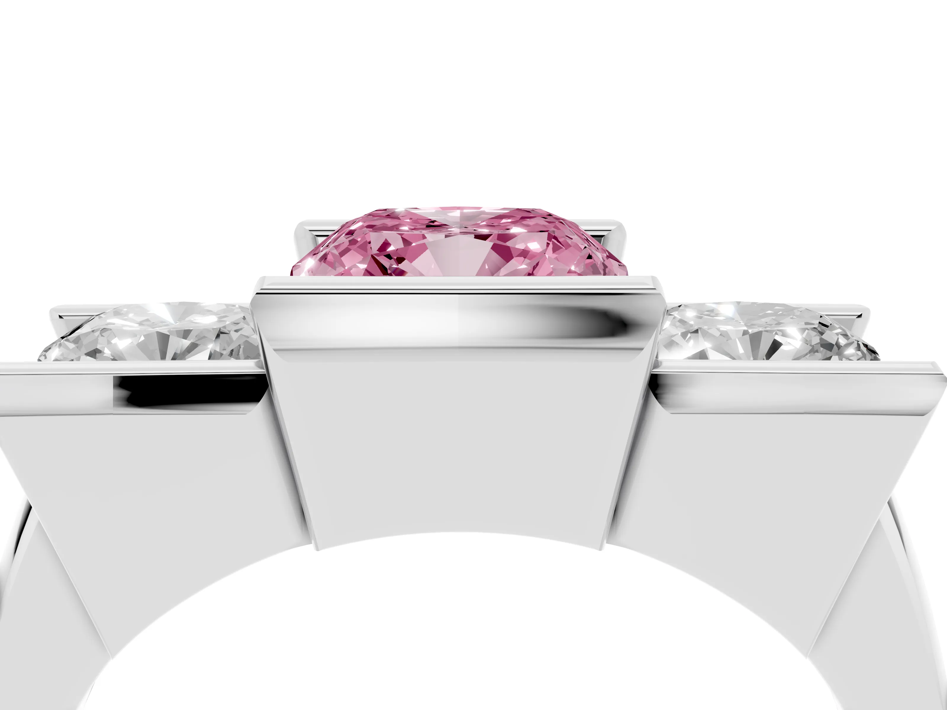 Fancy Pink Cushion Cut Diamond Three-Stone Channel Set Ring Set in Platinum with Smooth Polished Band