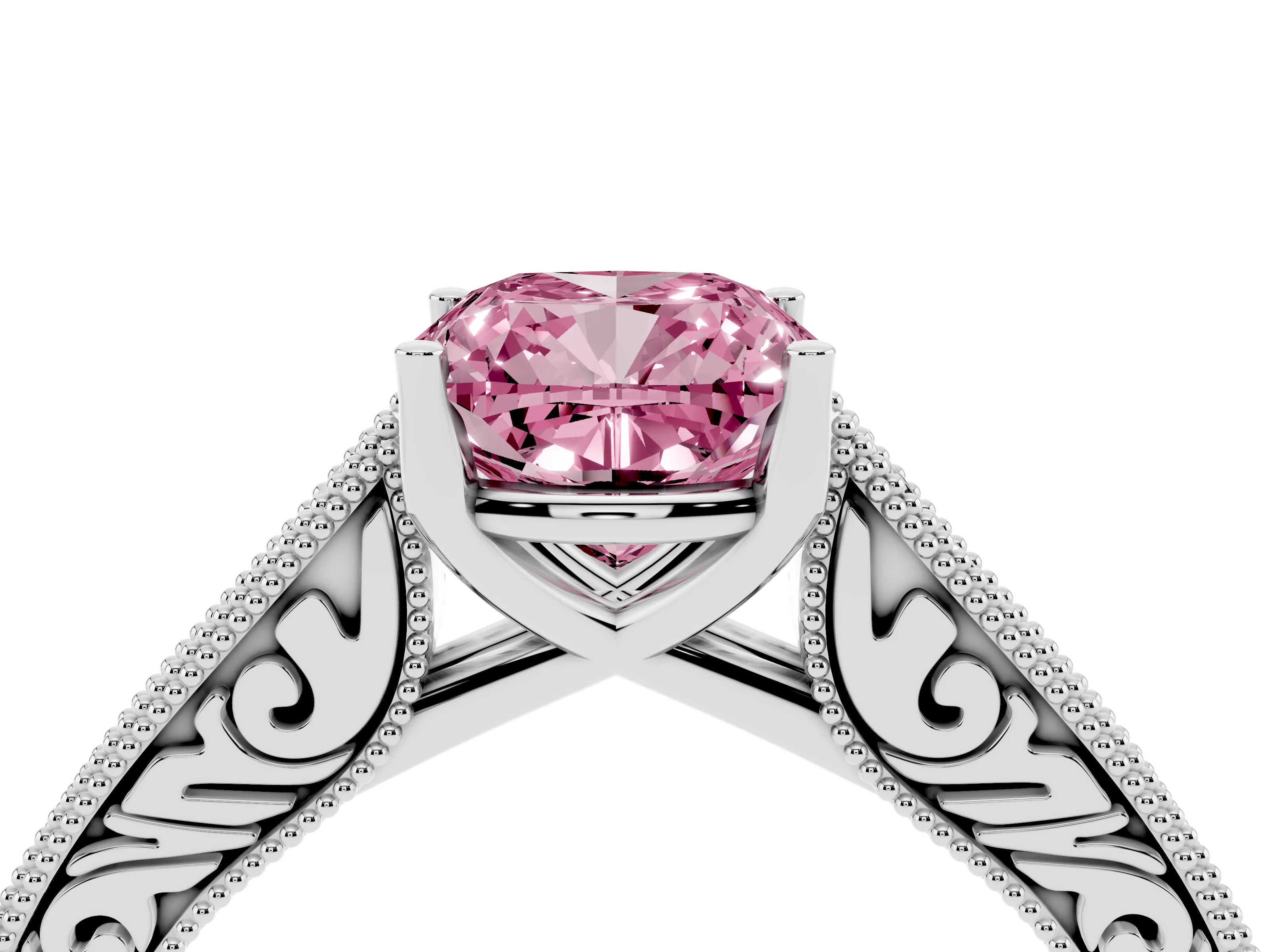 Fancy Pink Cushion Cut Diamond Milgrain Pavé Band Solitaire Ring Set in White gold with Prong Setting