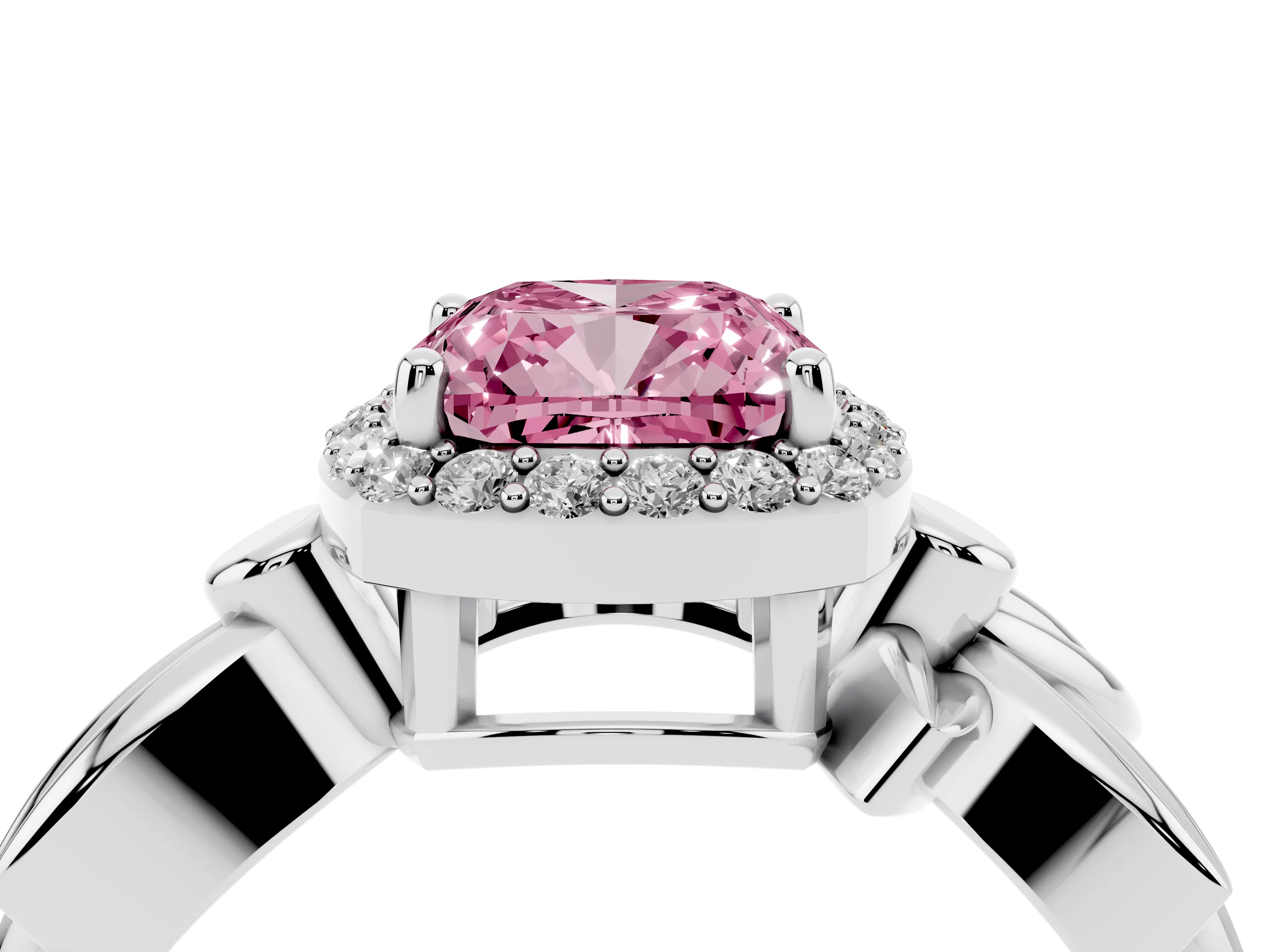 Fancy Pink Cushion Cut Diamond Halo Floral Band Ring Set in Platinum with Prong Setting