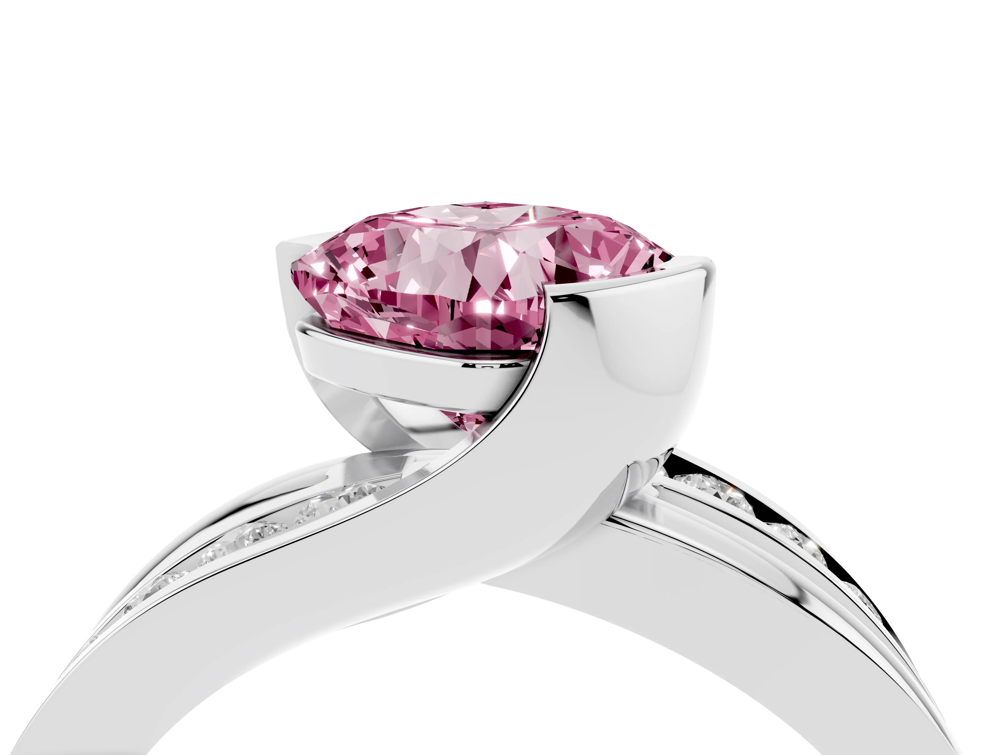 Fancy Pink Cushion Cut Diamond Solitaire Ring Set in White gold with Channel Set Split Shank and Tension Prongs