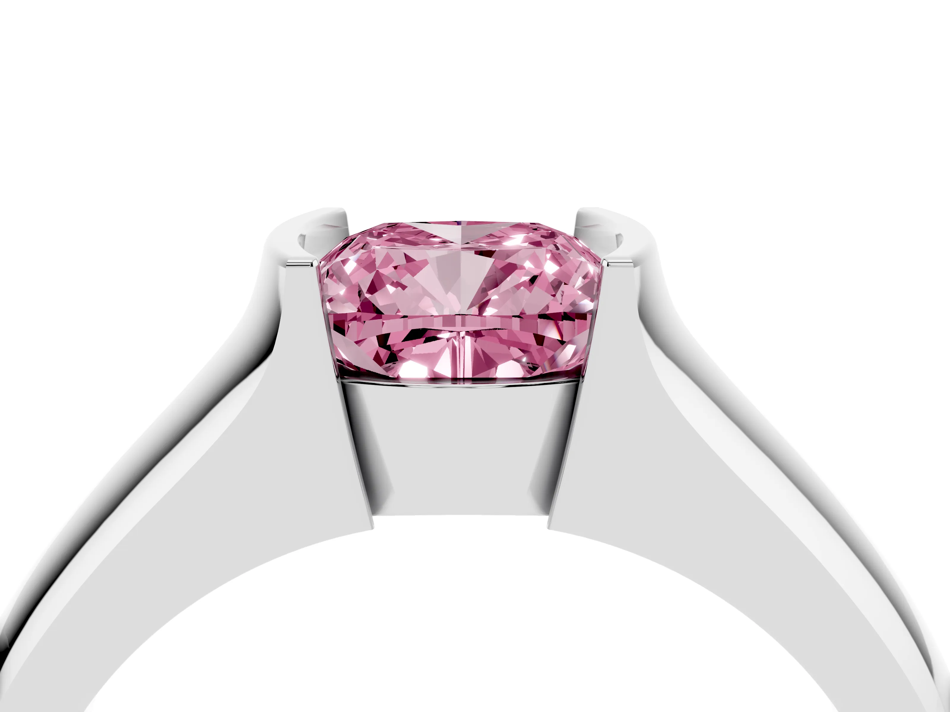 Fancy Pink Cushion Cut Diamond Bezel Solitaire Ring Set in White gold with Wide Band