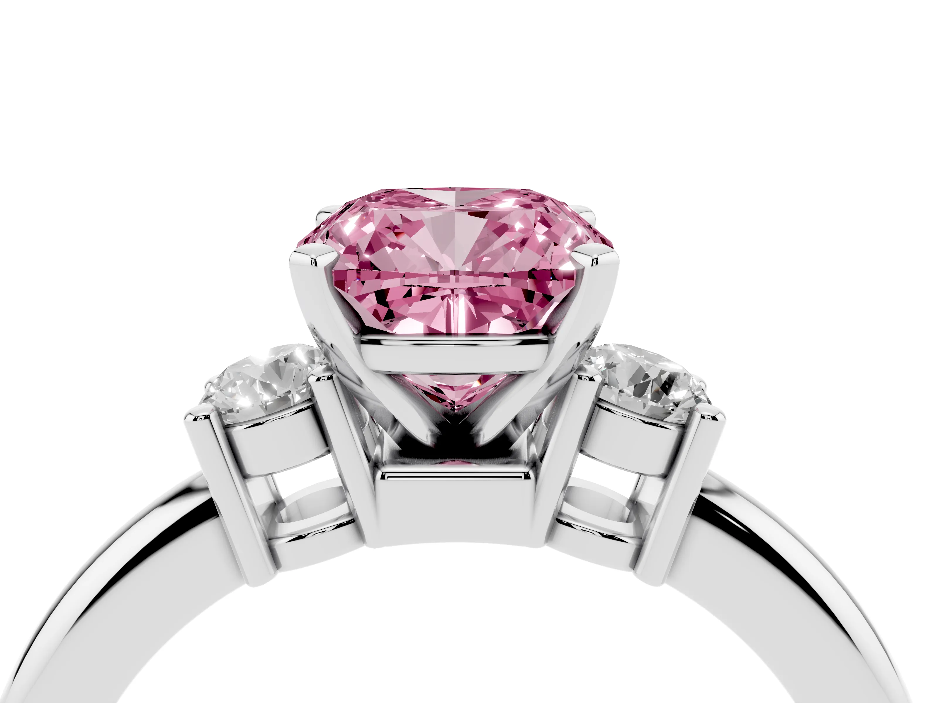 Fancy Pink Three-Stone Cushion Cut Diamond Ring Set in Platinum with Prong Setting and Plain Band