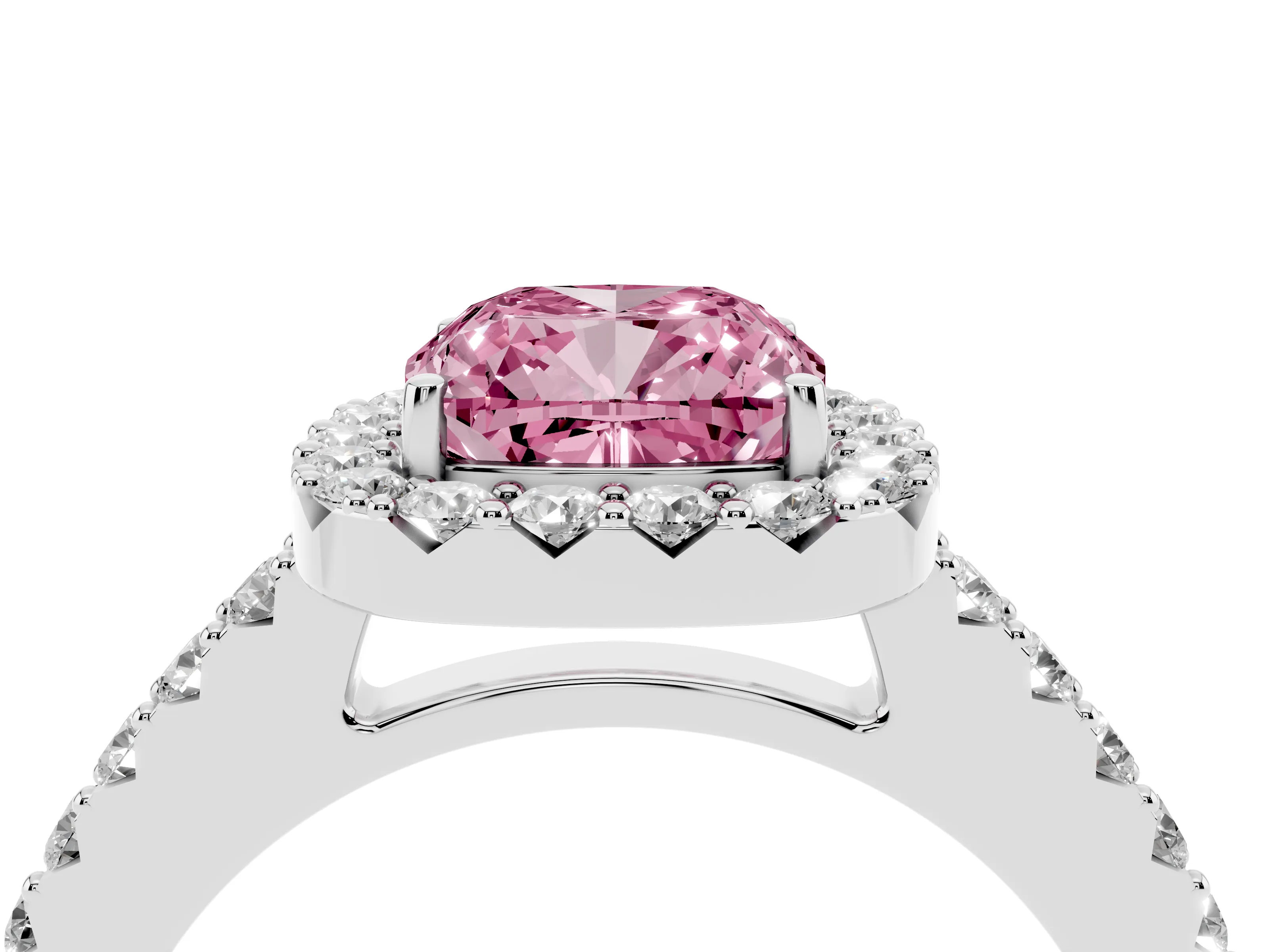 Fancy Pink Cushion Cut Diamond Halo Pavé Solitaire Ring Set in Silver with Prong-Set Center Stone