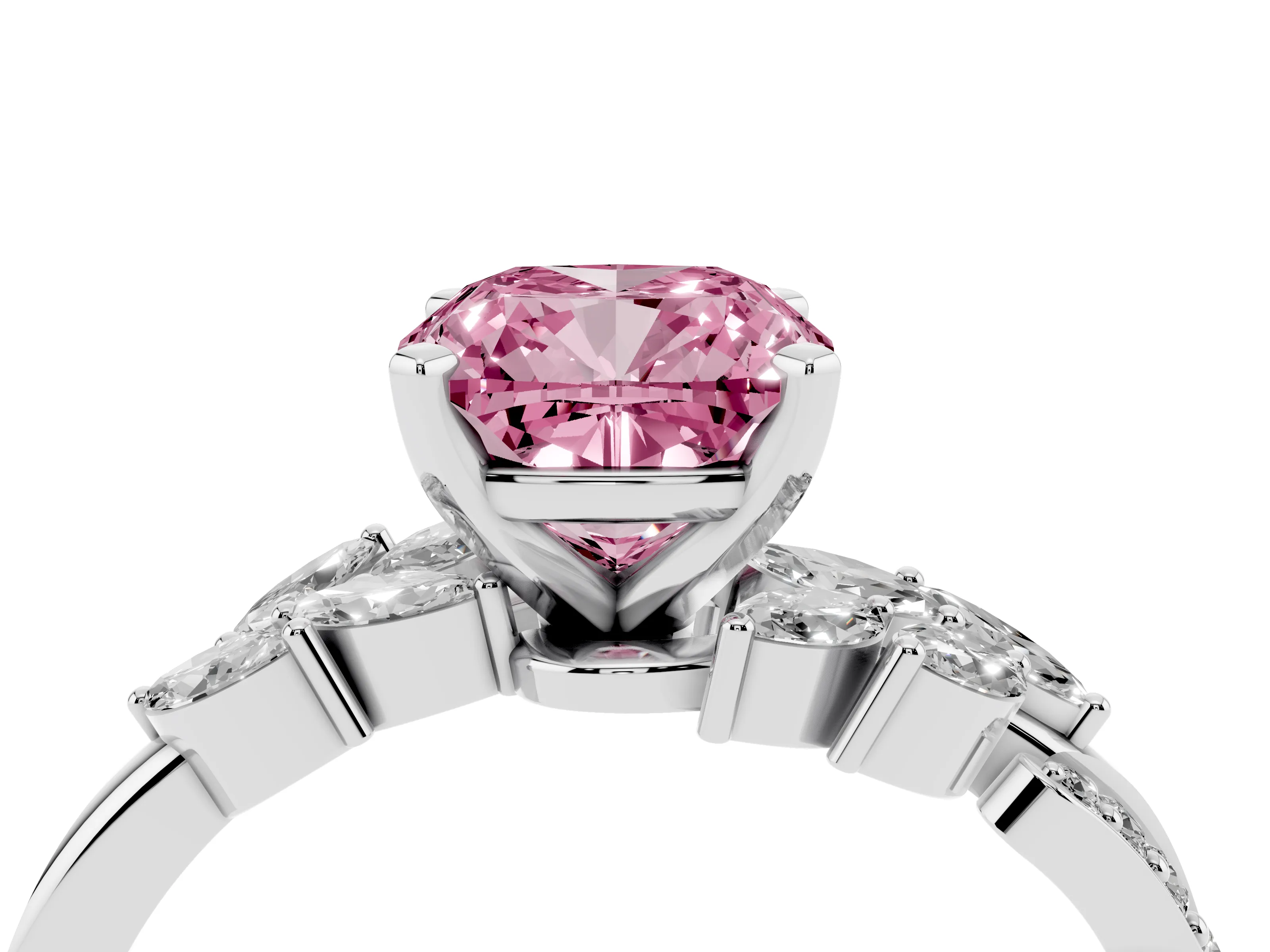 Fancy Pink Cushion Cut Diamond Solitaire Ring Set in White gold with Marquise Twist Band and Prong Setting