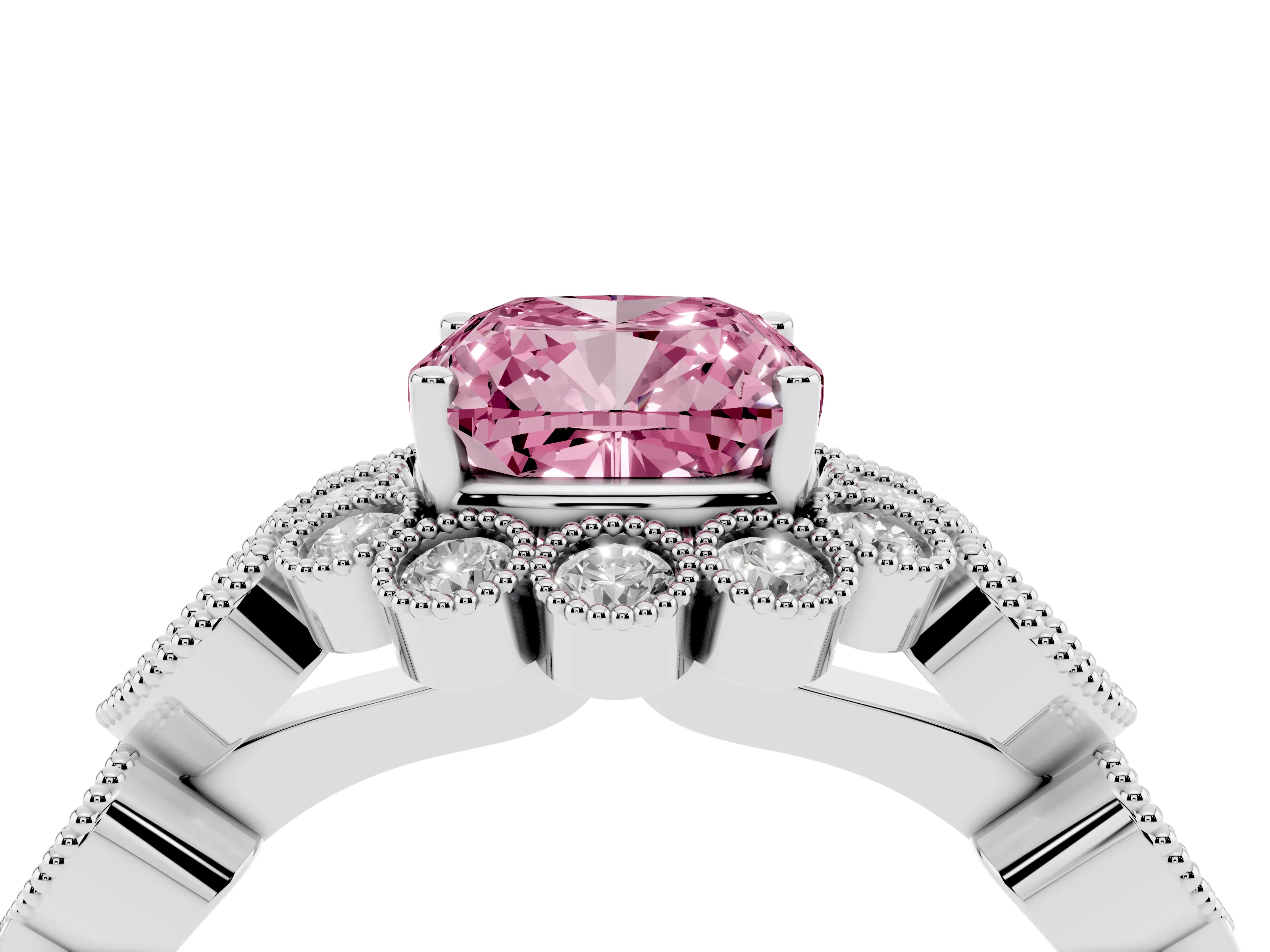 Fancy Pink Cushion Cut Diamond Solitaire Ring Set in Silver with Milgrain Pavé Heart Band