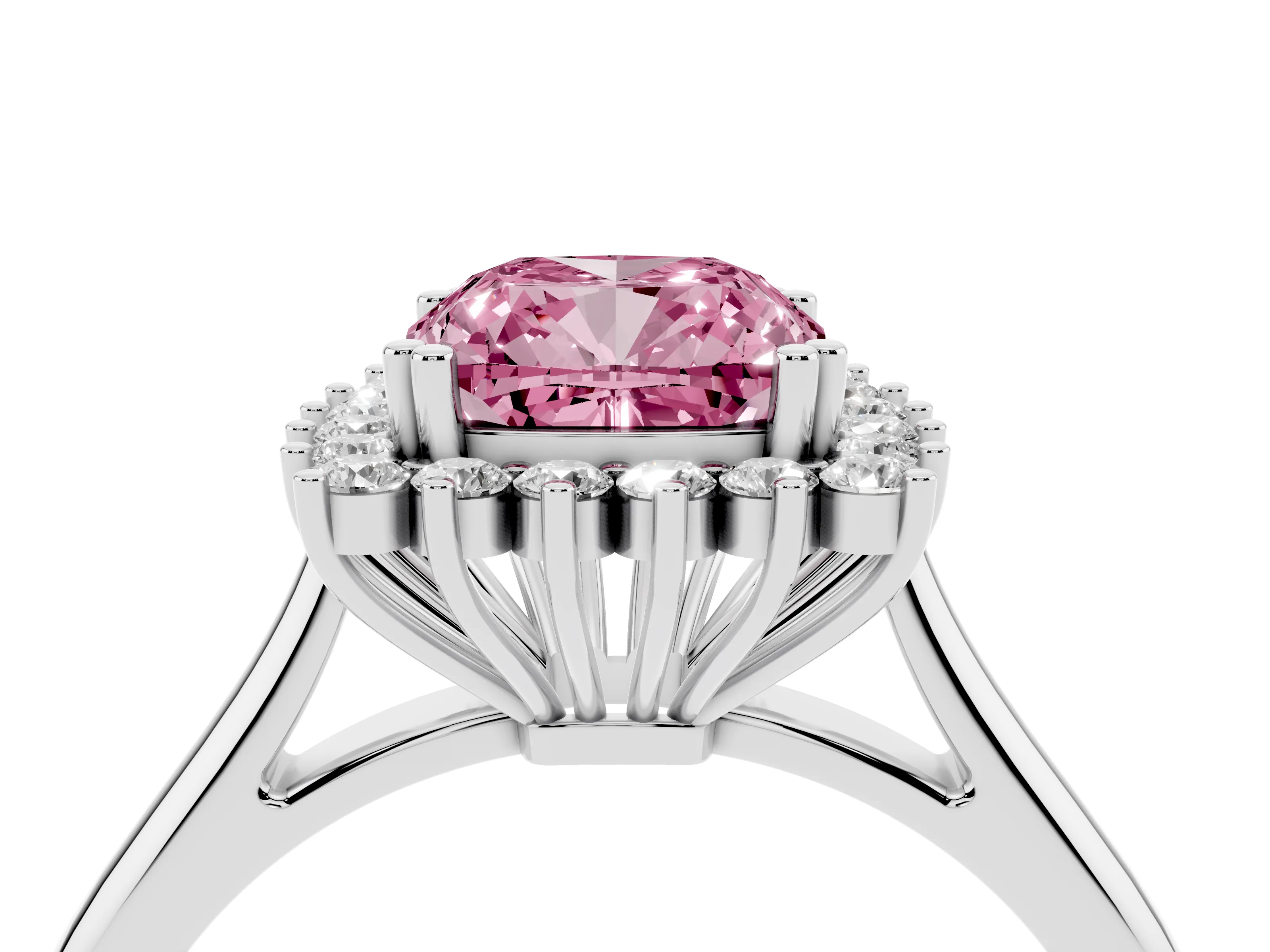 Fancy Pink Cushion Cut Diamond Halo Ring Set in White gold with Plain Solitaire Band and Prong Setting