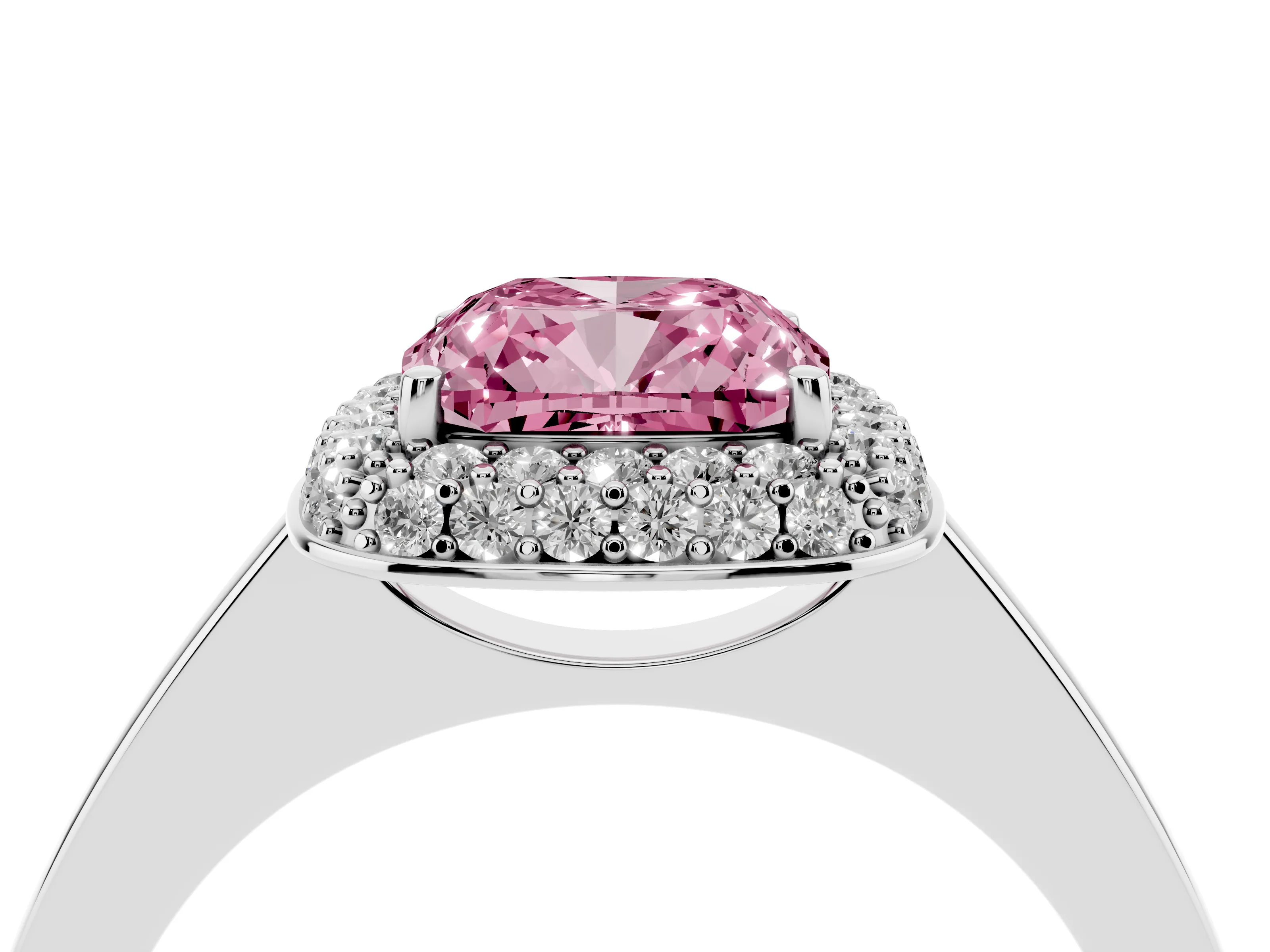 Fancy Pink Cushion Cut Diamond Halo Engagement Ring Set in Platinum with Solitaire Band and Prong Setting
