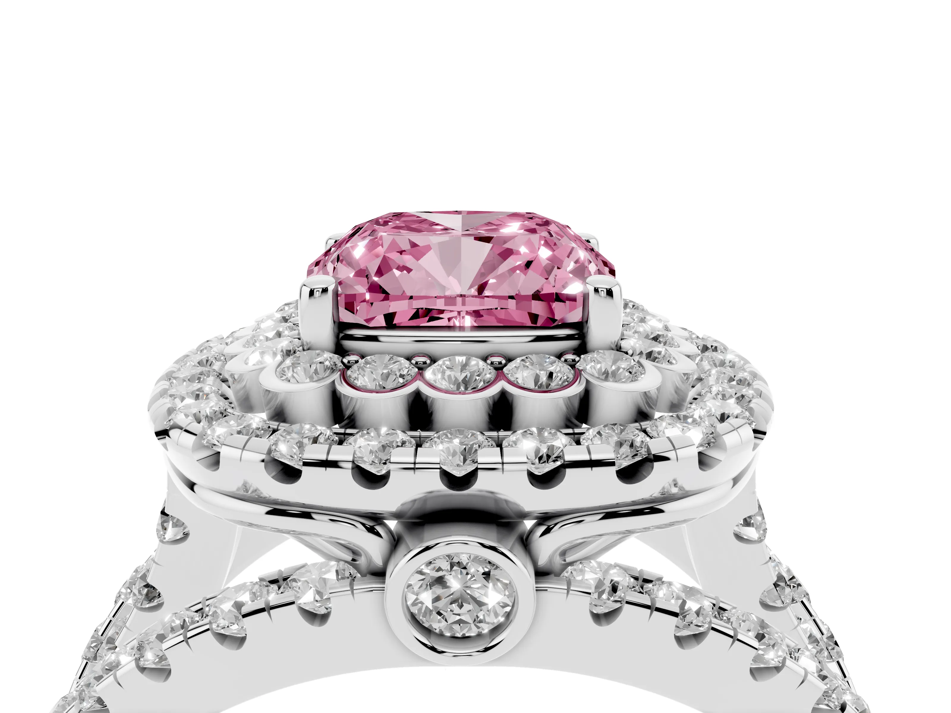 Fancy Pink Cushion Cut Diamond Double Halo Ring Set in Silver with Round Pavé Split Shank