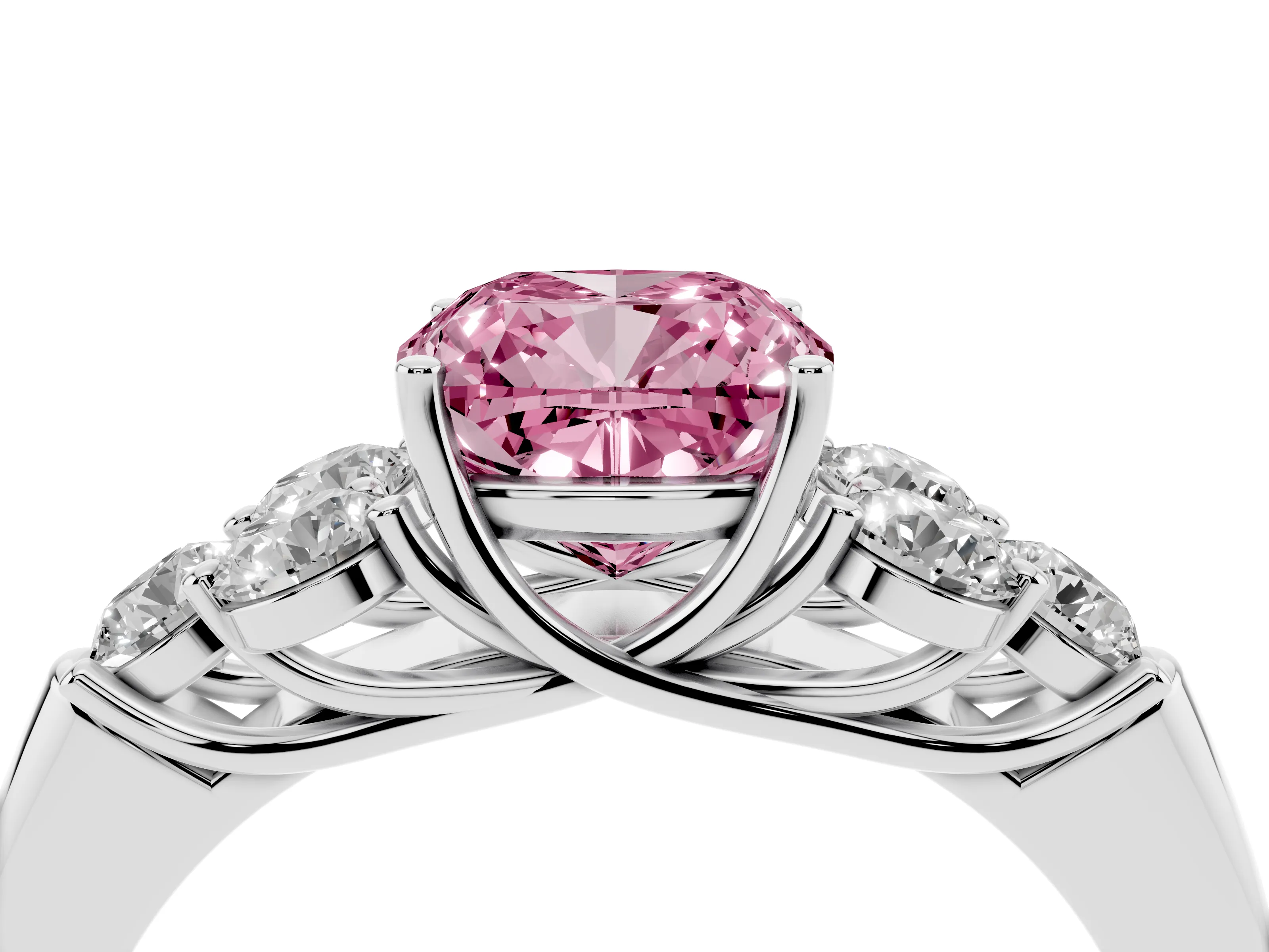 Fancy Pink Cushion Cut Diamond Cluster Ring Set in White gold with Round Accent Stones and Prong Setting on a Plain Band