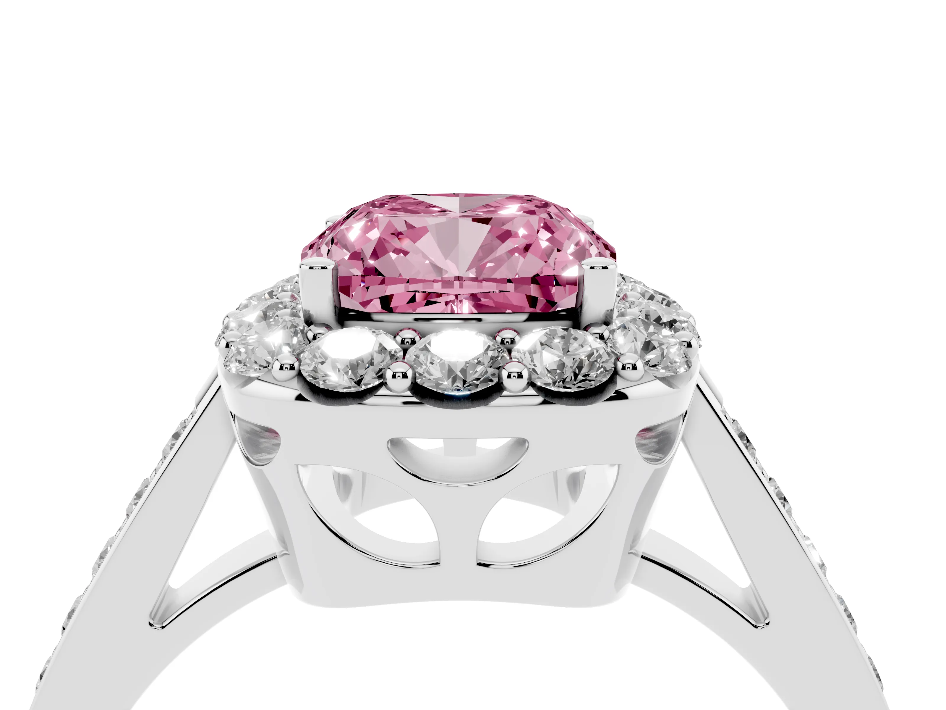 Fancy Pink Cushion Cut Diamond Floral Halo Ring Set in White gold with Pavé Band and Prong Setting