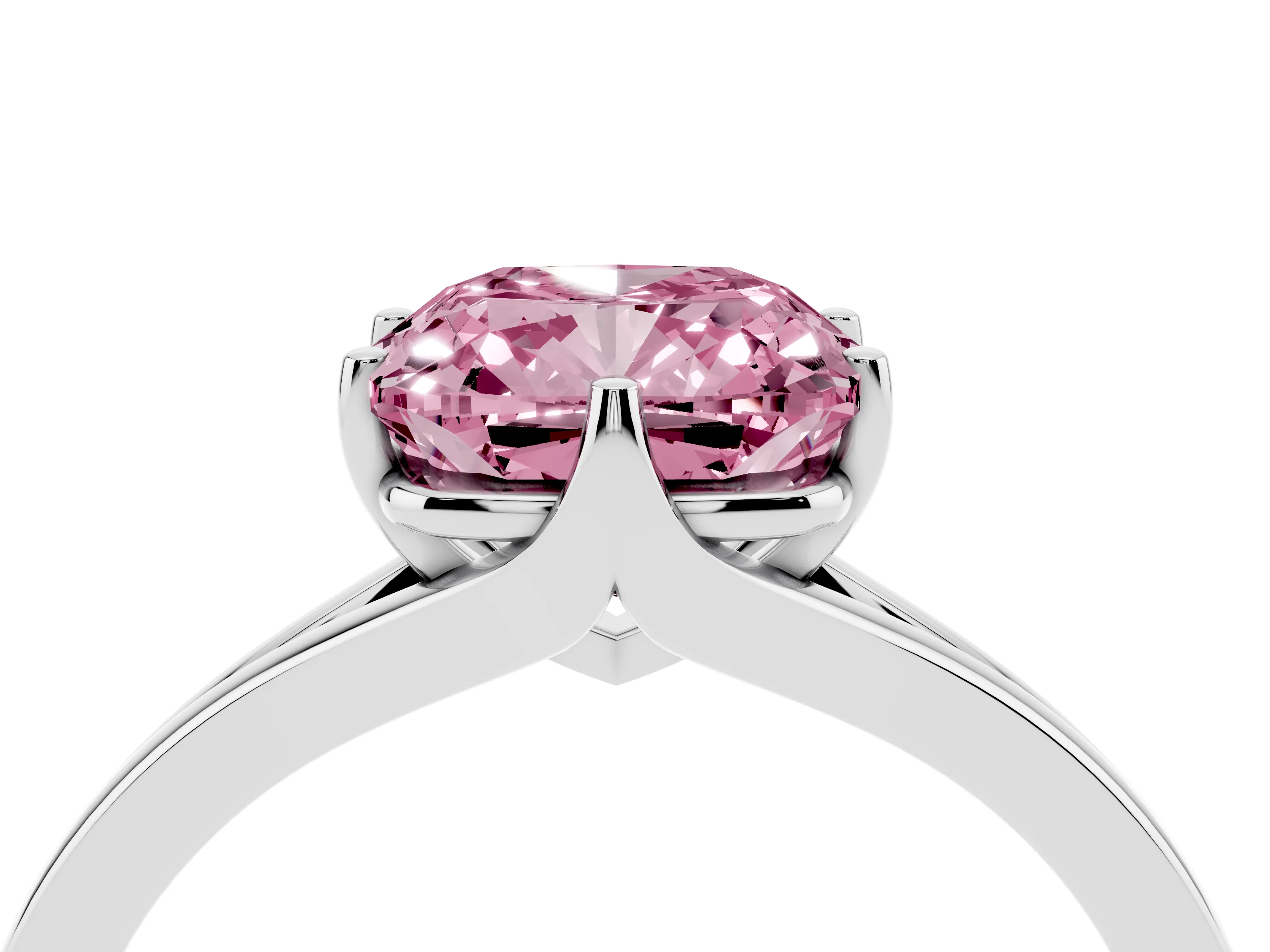 Fancy Pink Cushion Cut Diamond Solitaire Ring Set in Silver with Polished Tapered Band and Prong Setting