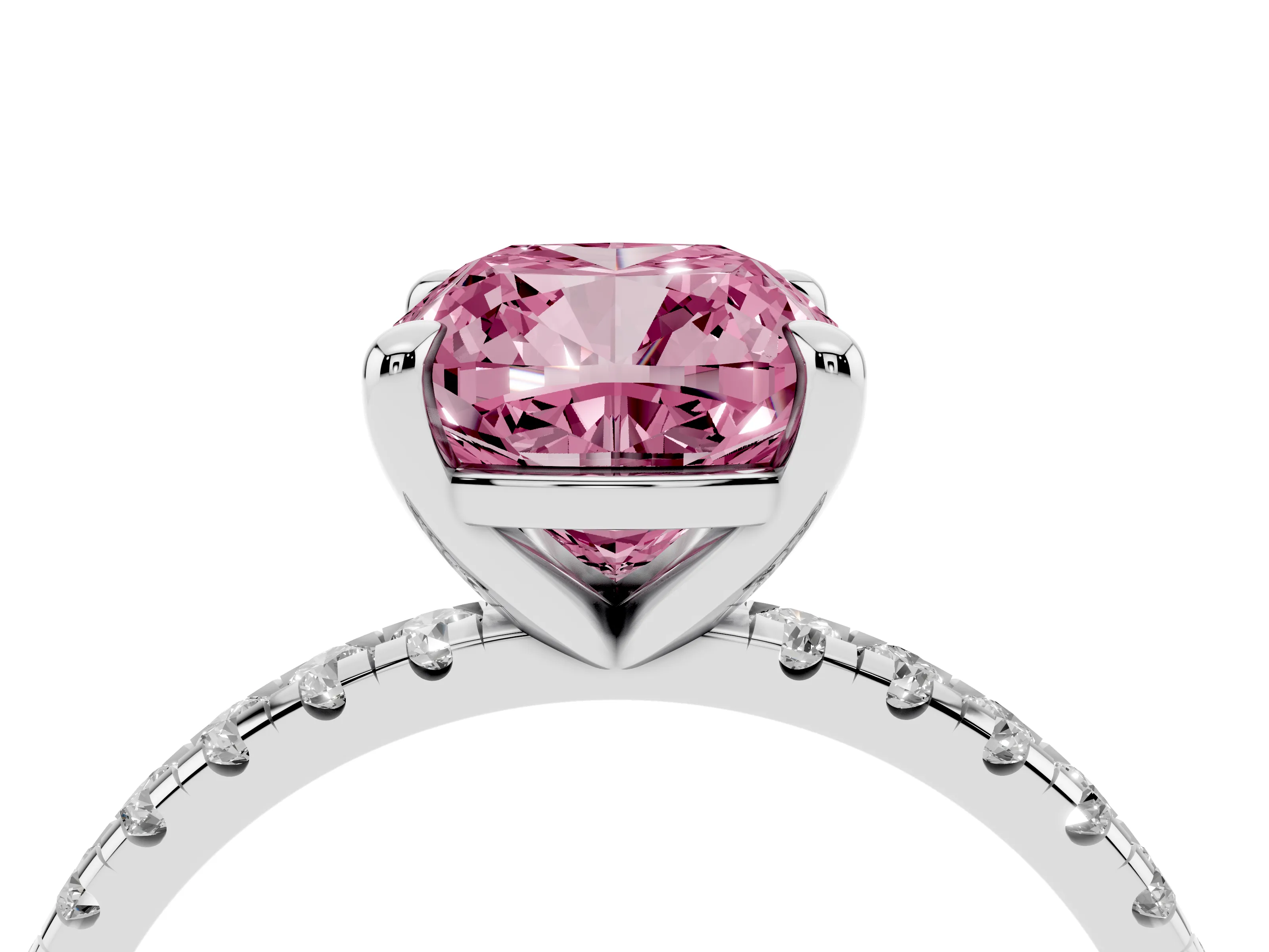 Fancy Pink Cushion Cut Diamond Brilliant Solitaire Ring Set in Silver with Pavé Band and Prong Setting