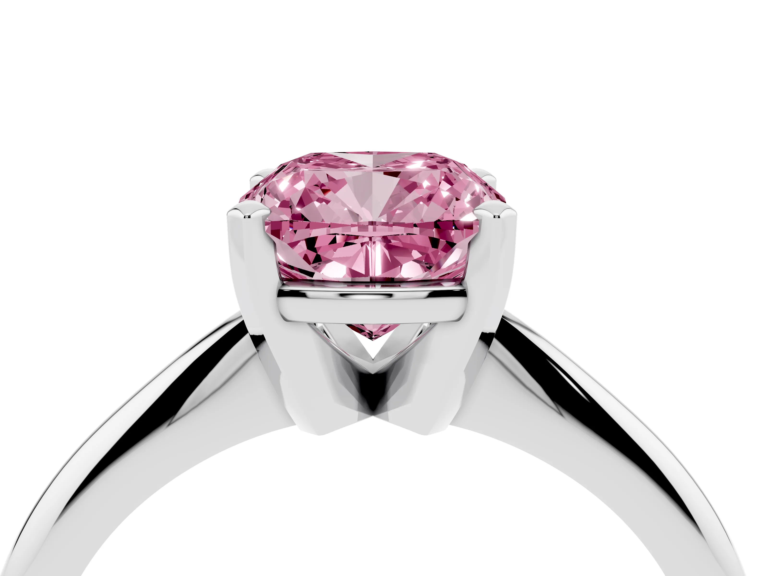 Fancy Pink Cushion Cut Diamond Solitaire Ring Set in Platinum with Prong Setting on a Plain Round Band