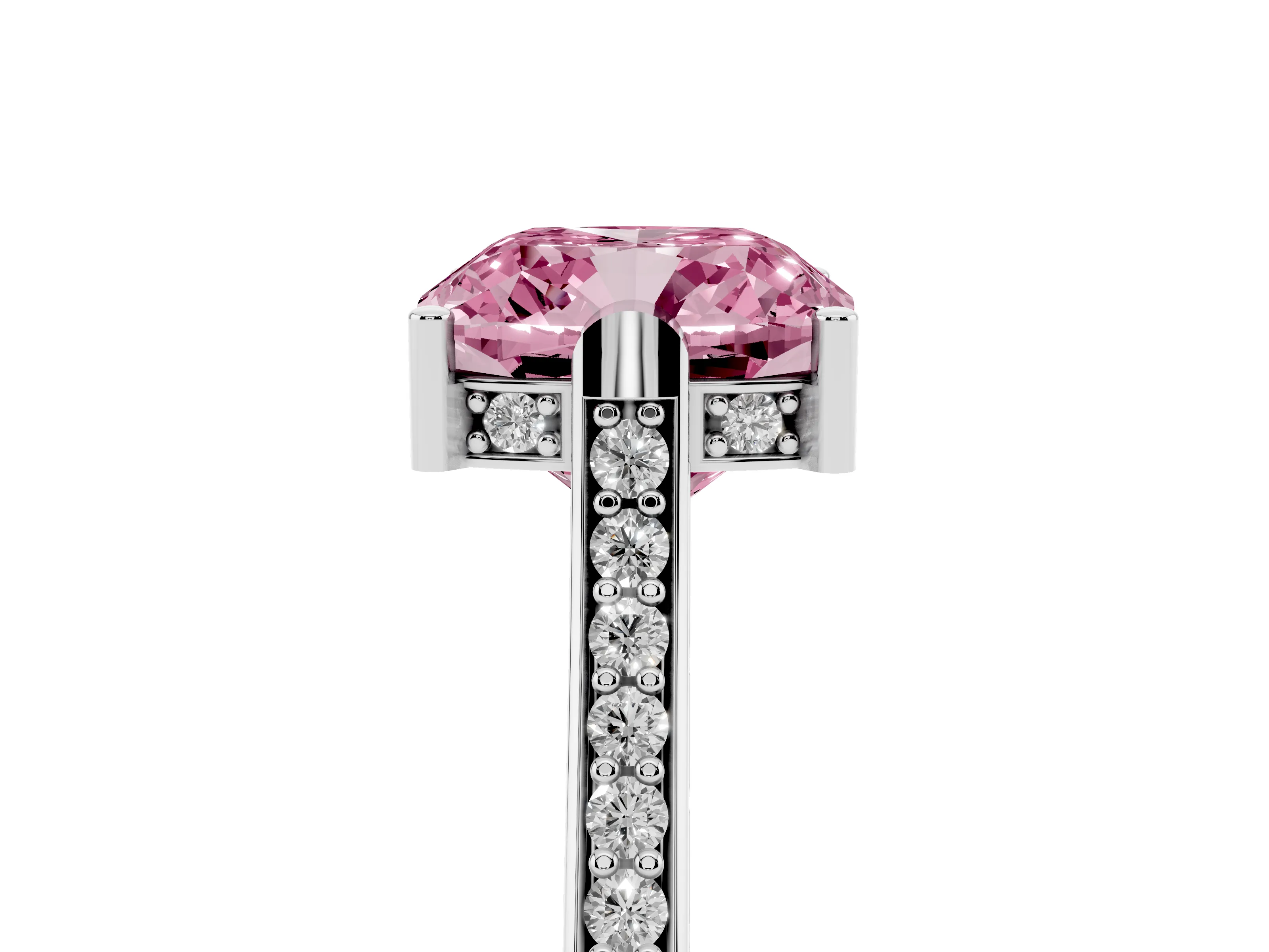 Fancy Pink Cushion Cut Diamond Solitaire Ring Set in White gold with Channel Set Band and Bezel Prong Setting