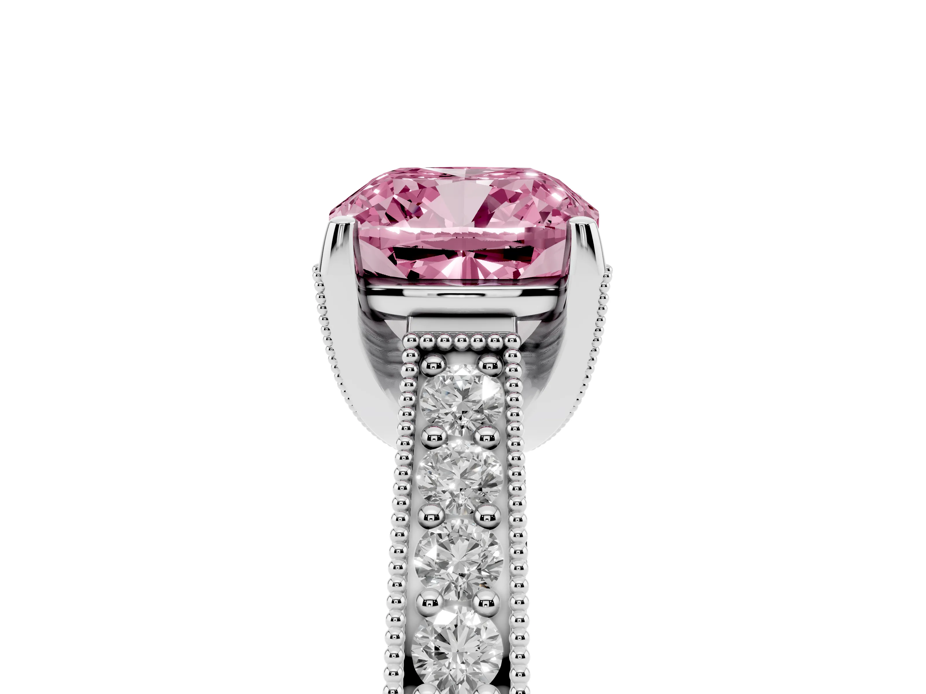 Fancy Pink Cushion Cut Diamond Solitaire Ring Set in Silver with Milgrain-Edged Pavé Band and Prong Setting