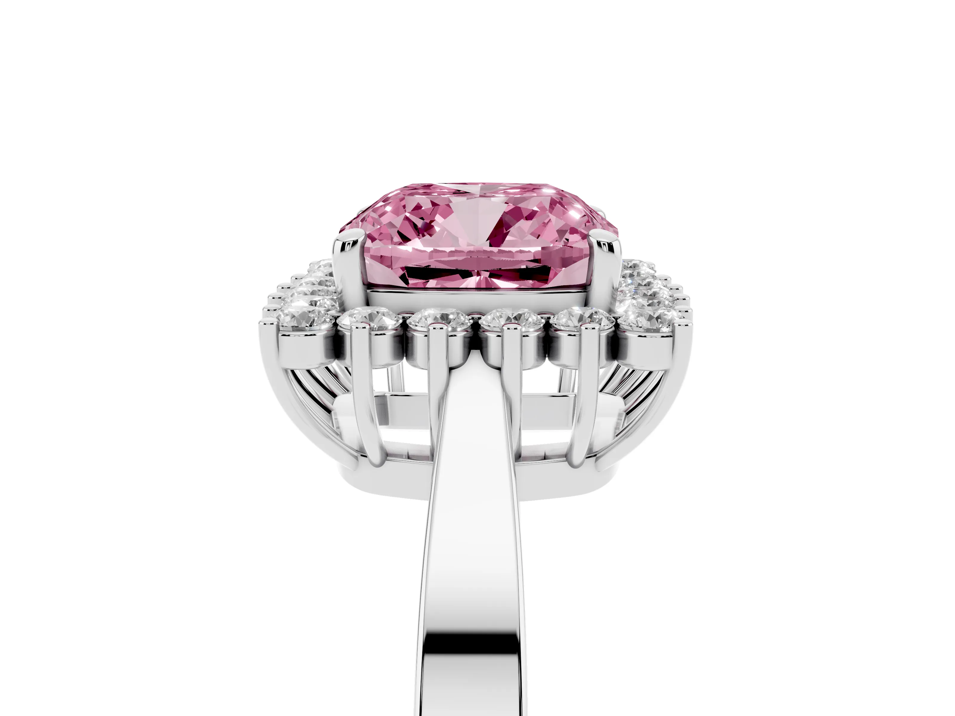 Fancy Pink Cushion Cut Diamond Halo Ring Set in White gold with Round Halo and Smooth Solitaire Band