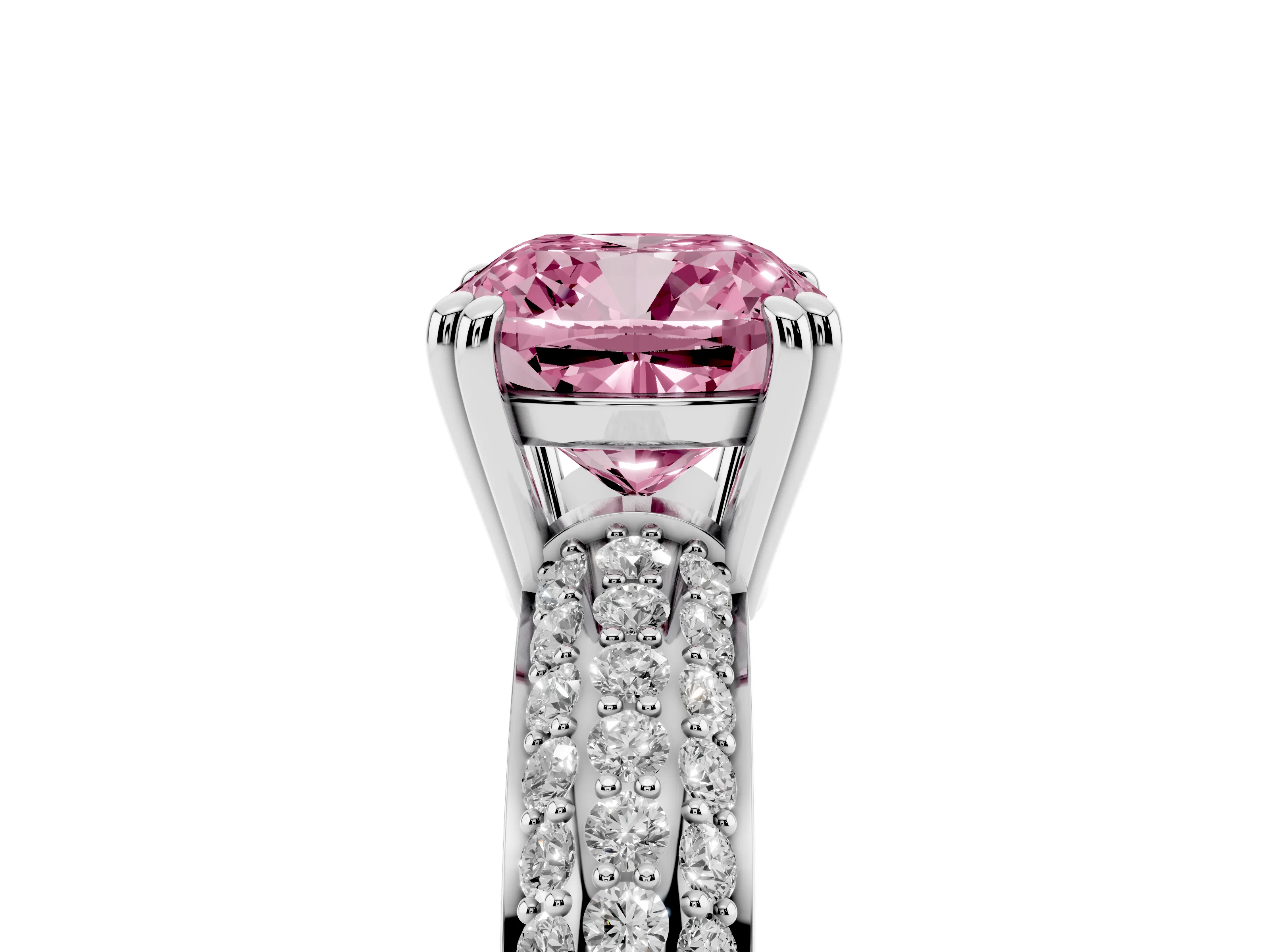 Fancy Pink Cushion Cut Diamond Solitaire Ring Set in Platinum with Multi-Row Round Pavé Band and Prong Setting