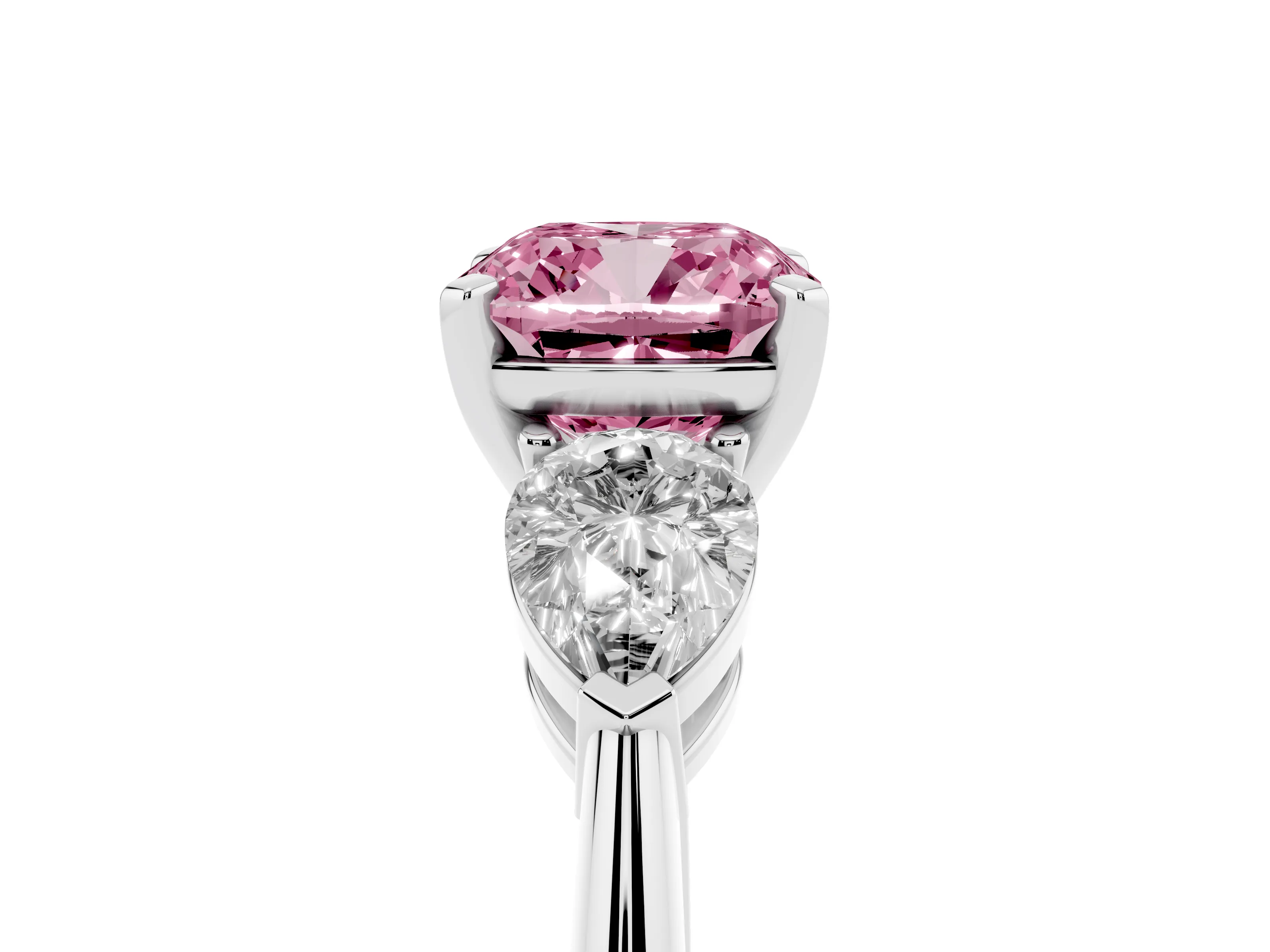 Fancy Pink Three-Stone Cushion Cut Diamond Ring Set in Platinum with Pear Side Stones and Prong Setting
