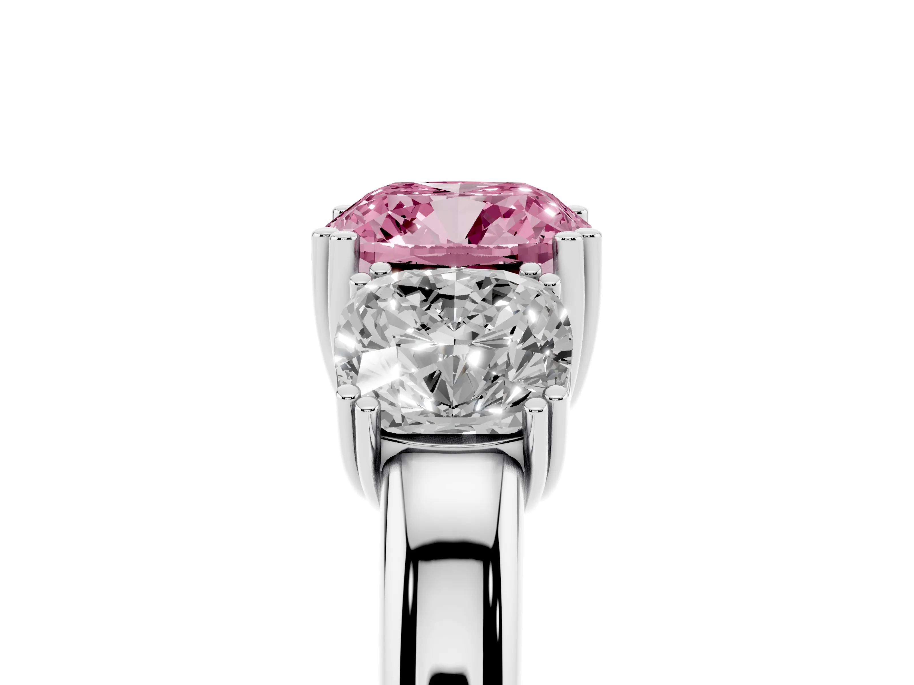 Fancy Pink Cushion Cut Diamond Three-Stone Ring Set in White gold with Polished Band and Prong Setting