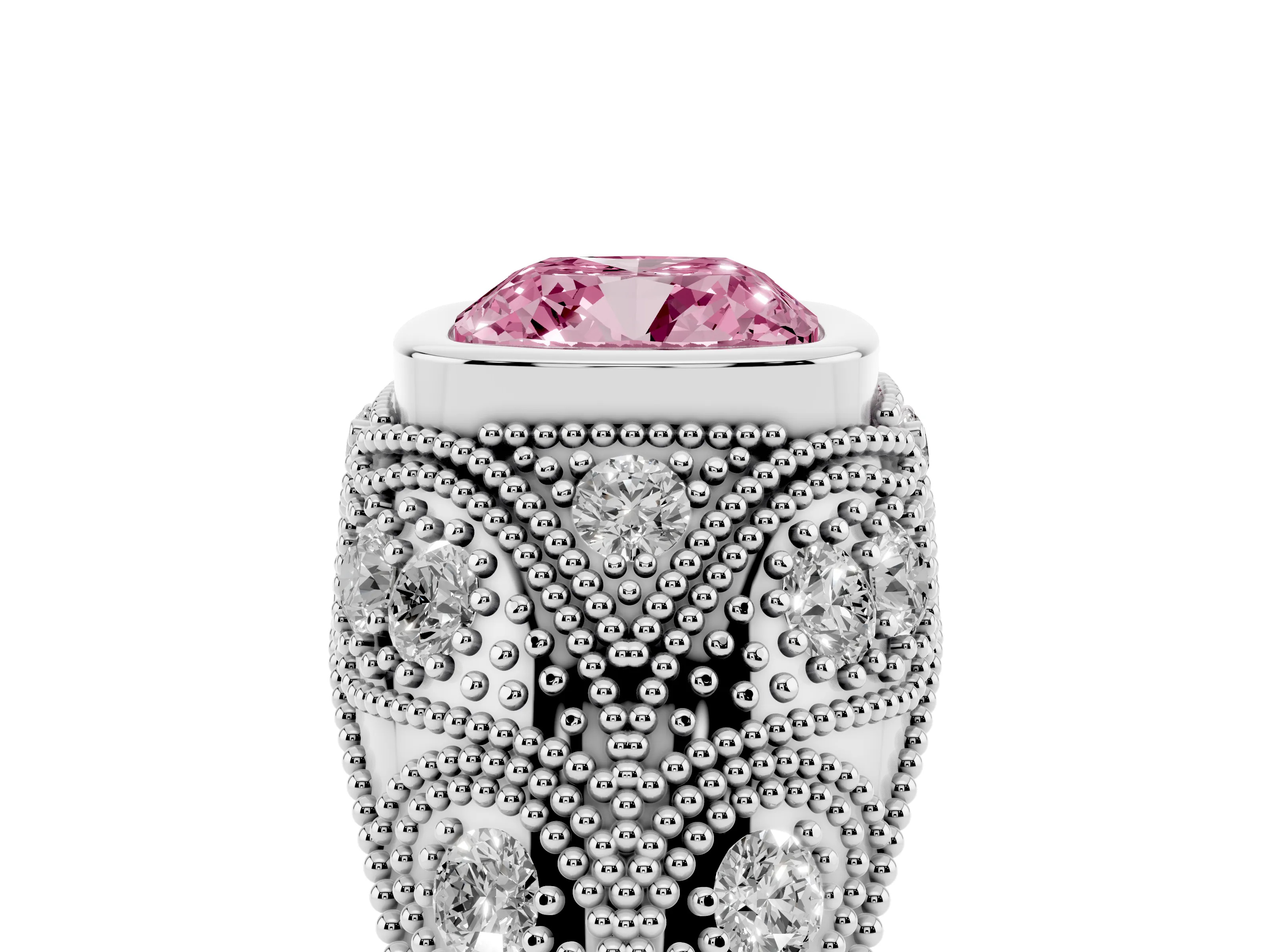 Fancy Pink Cushion Cut Diamond Bezel Ring Set in Silver with Milgrain Accent Band