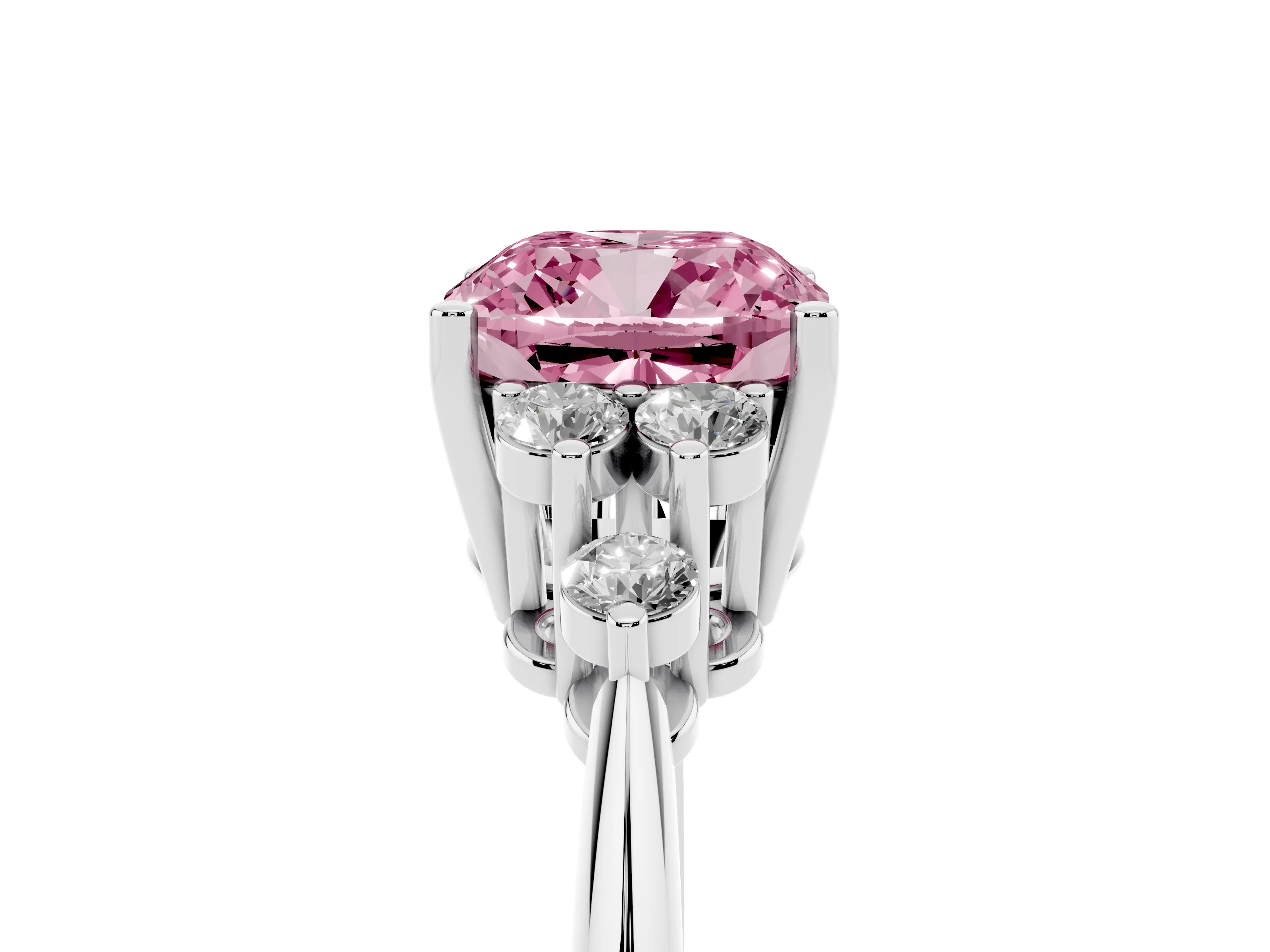 Fancy Pink Cushion Cut Diamond Cluster Ring Set in White gold with Plain Band and Prong Setting