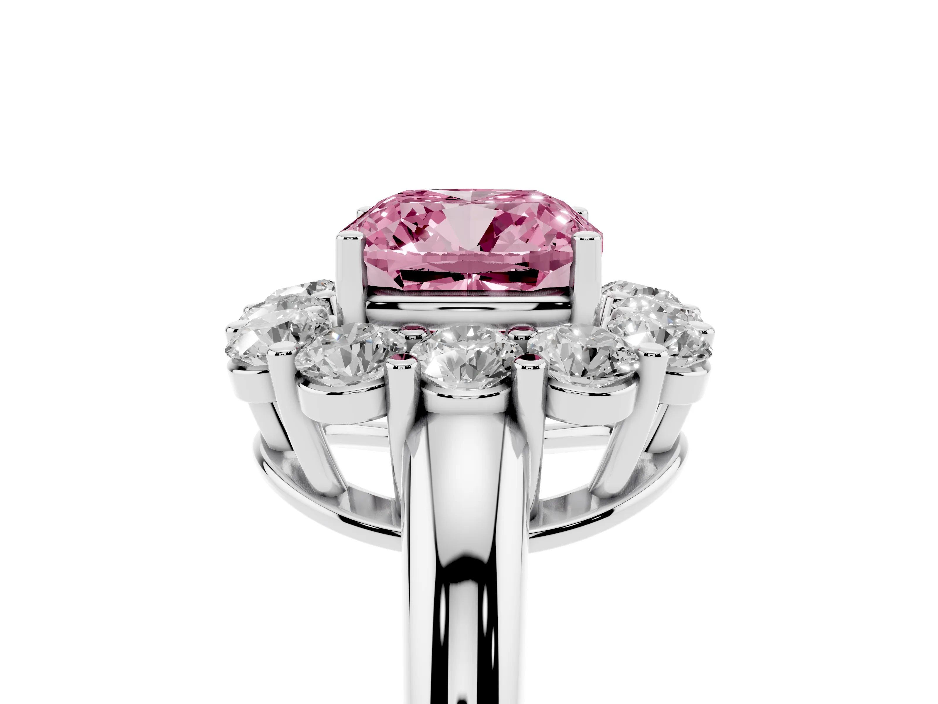 Fancy Pink Cushion Cut Diamond Halo Cluster Engagement Ring Set in White gold with Polished Band and Prong Setting
