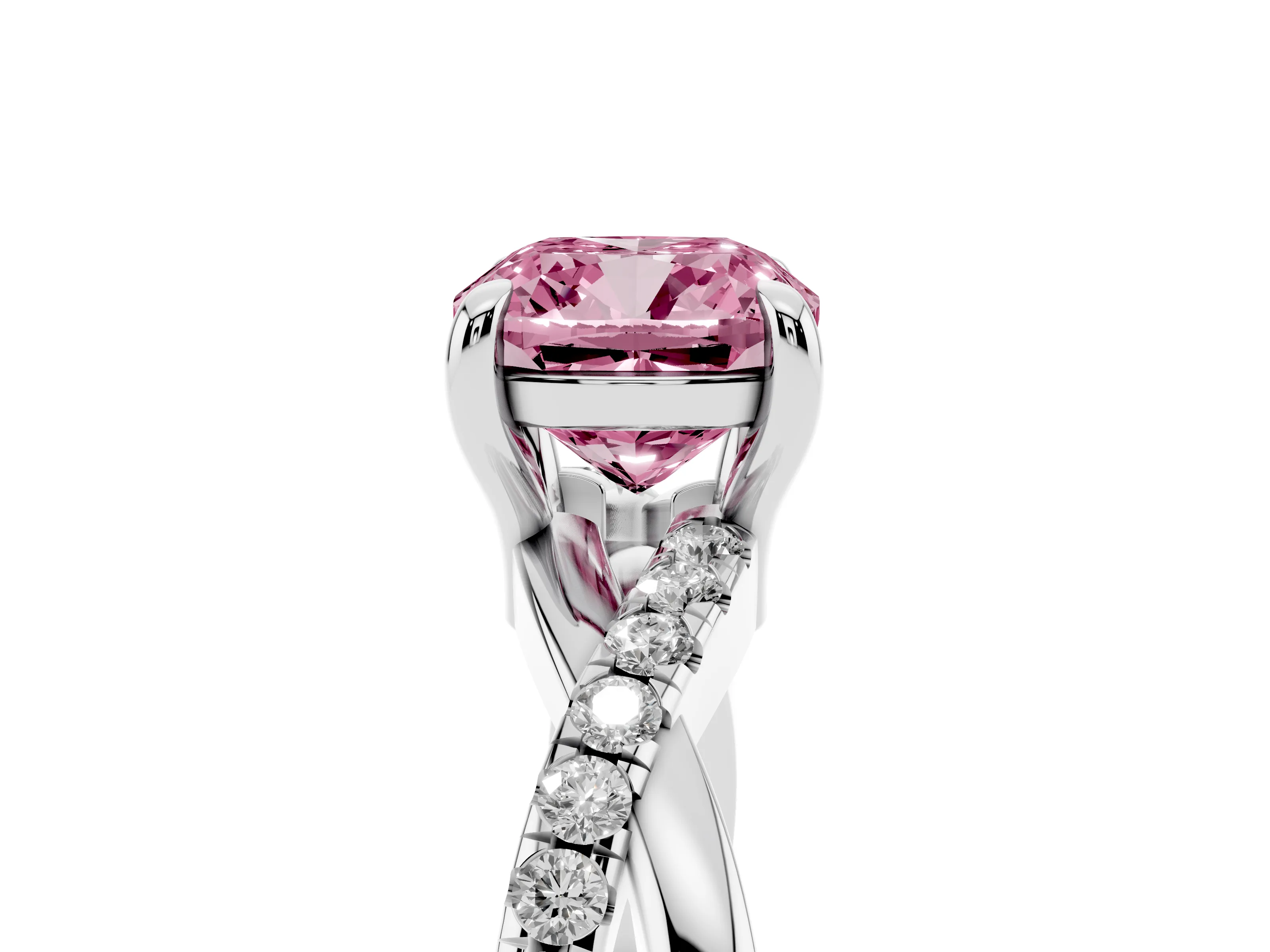 Fancy Pink Cushion Cut Diamond Twist Band Pavé Solitaire Ring Set in White gold with Prong Setting