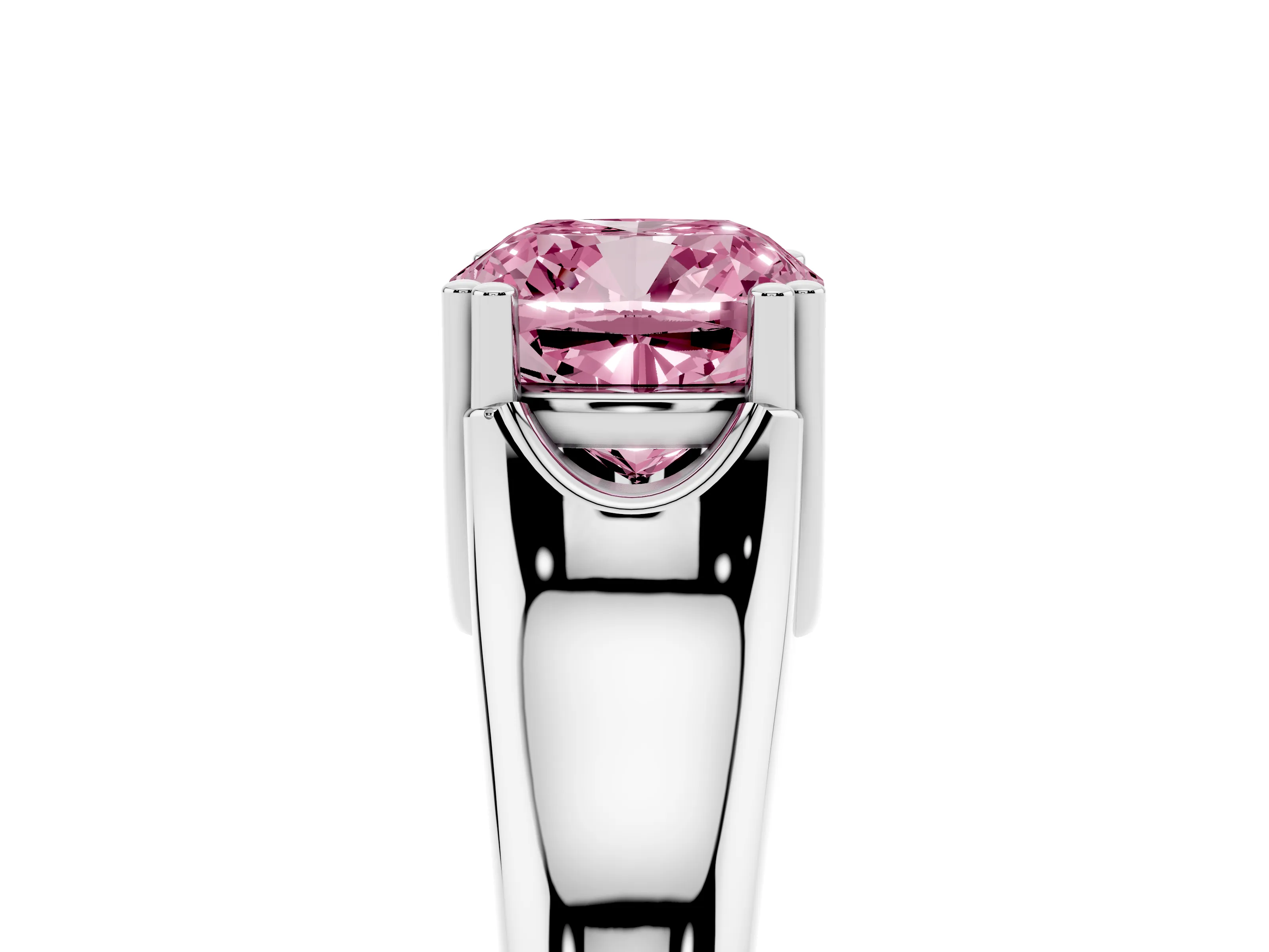 Fancy Pink Cushion Cut Diamond Solitaire Ring Set in Platinum with Wide Band and Prong Setting