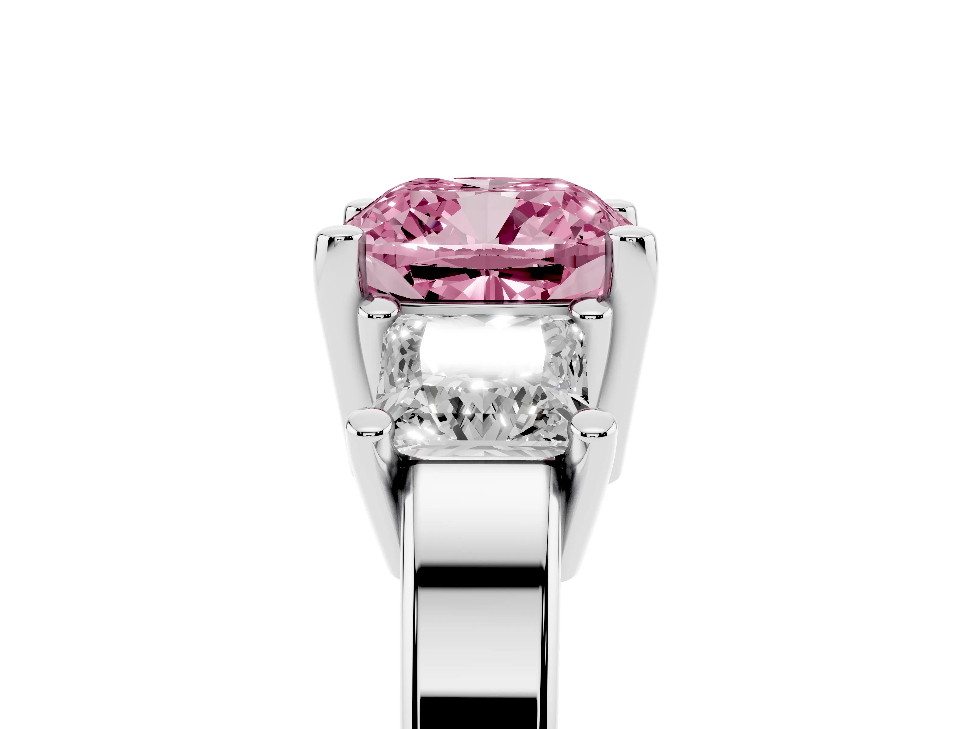 Fancy Pink Three-Stone Cushion Cut Diamond Solitaire Ring Set in Silver with Prong Setting