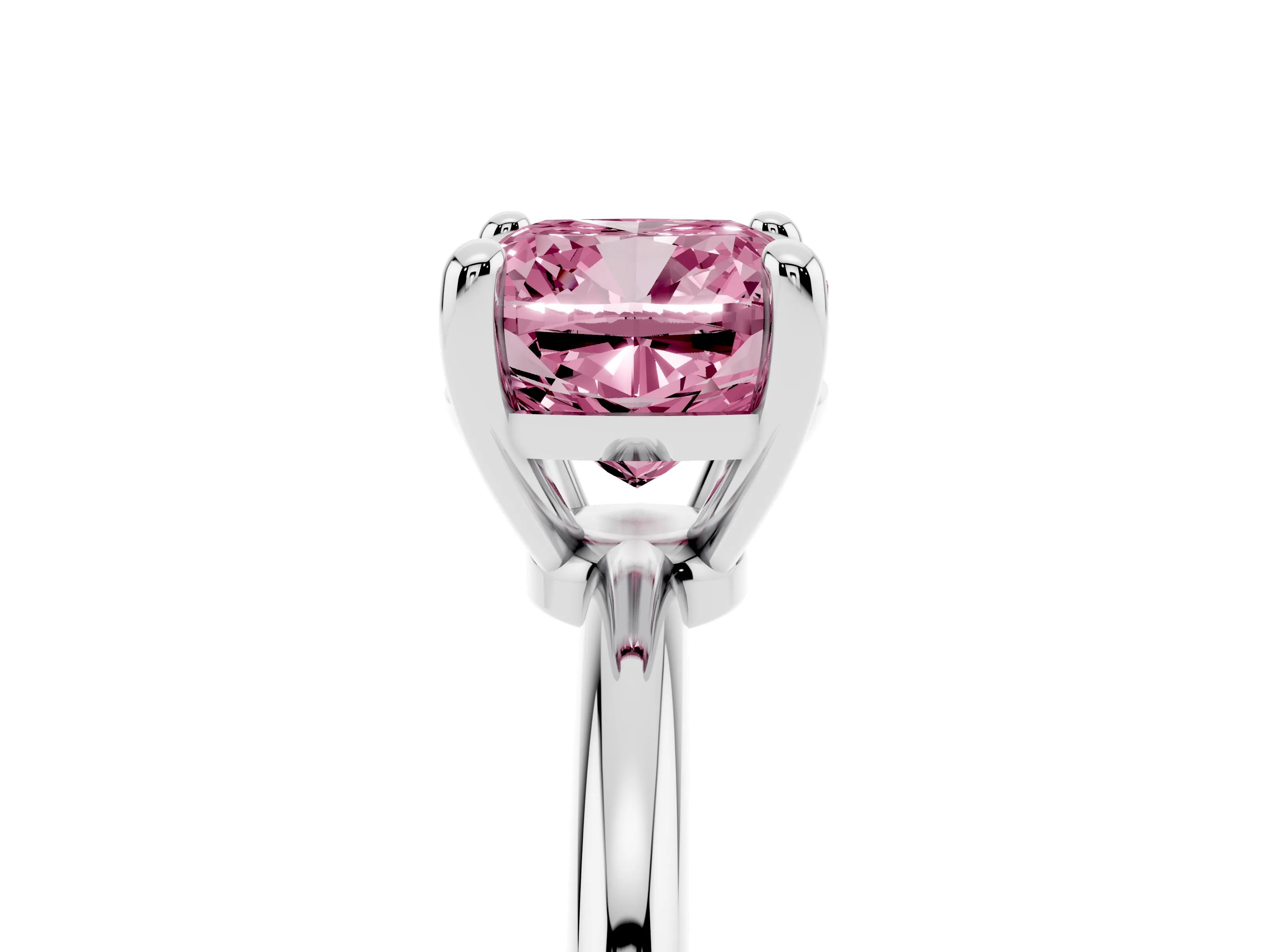 Fancy Pink Cushion Cut Diamond Solitaire Ring Set in Platinum with Secure Prong Setting on a Classic Band