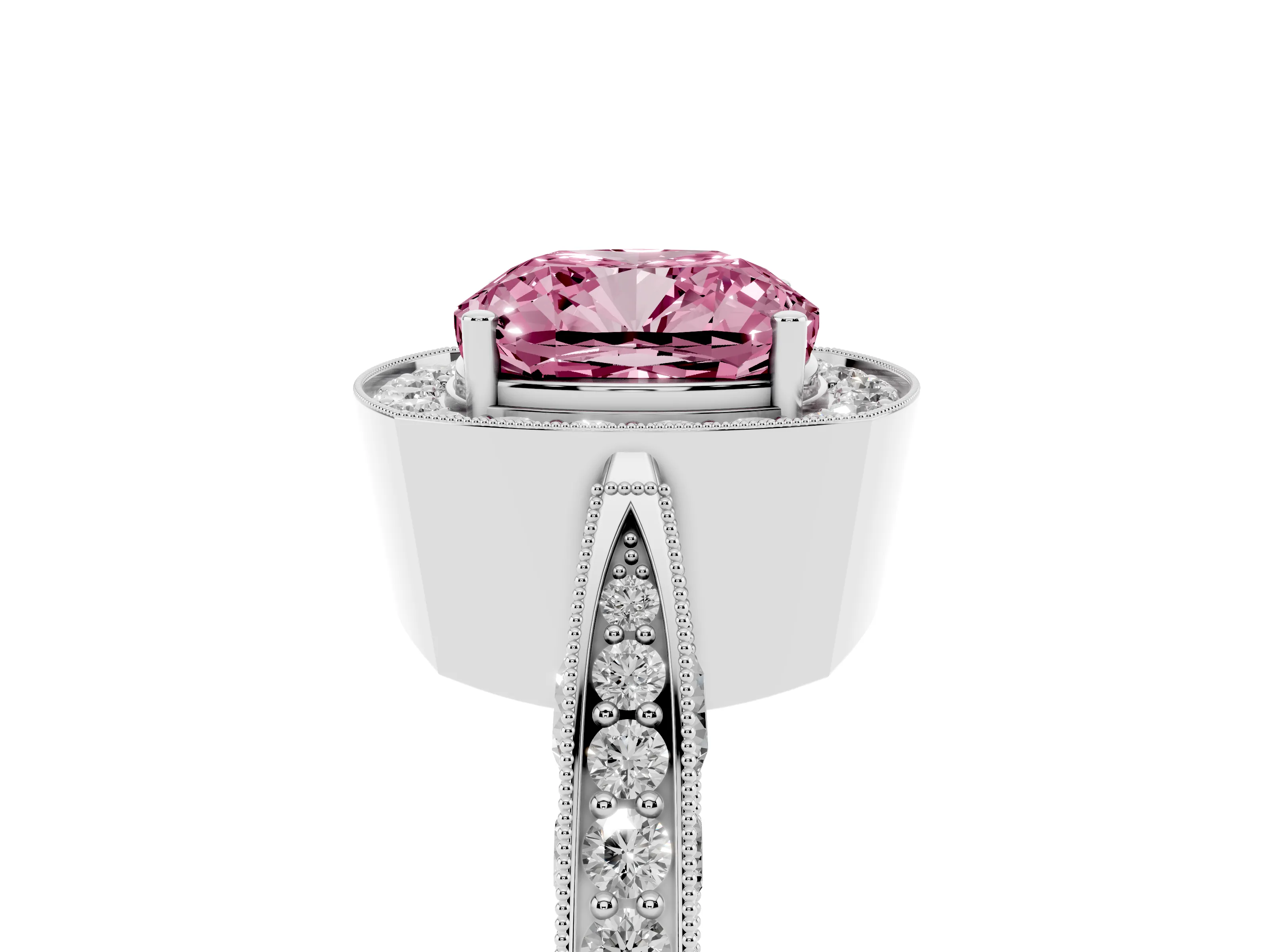 Fancy Pink Cushion Cut Diamond Halo Engagement Ring Set in Silver with Accent Split Shank Band